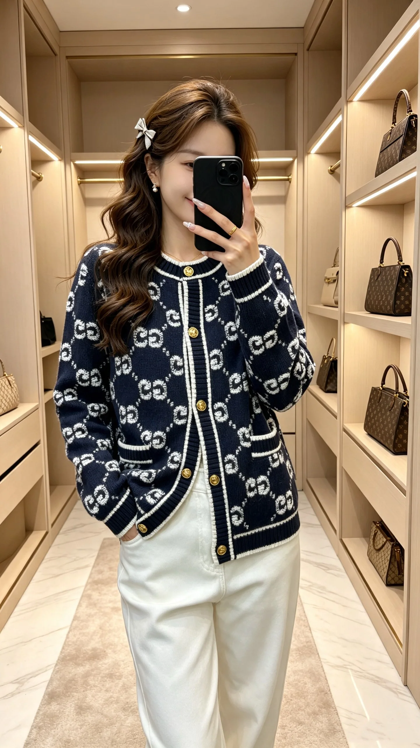 구찌 더블 G 자카드 크루넥 울 가디건 146554