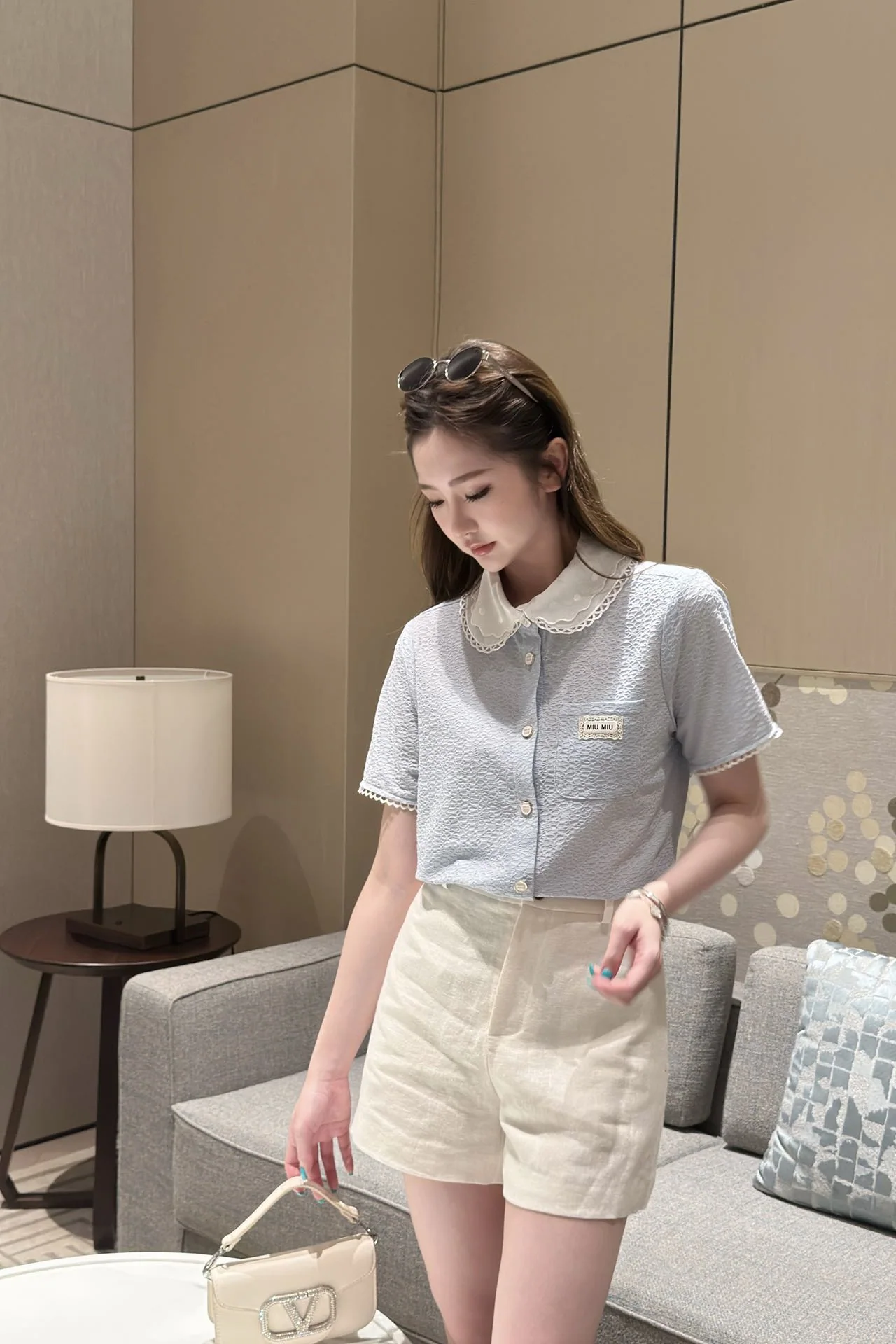 미우미우 레이스 카라 프릴 소매 반팔 셔츠 상세 이미지 8
