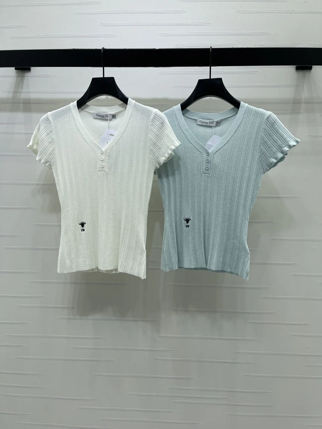 디올 V넥 골지 니트 반팔 탑 상세 이미지 1