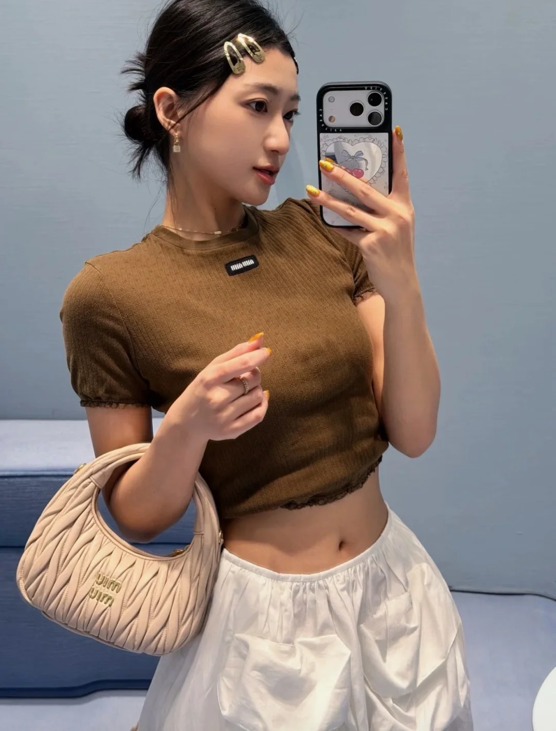 미우미우 레이스 트림 라운드넥 반팔 탑 상세 이미지 1