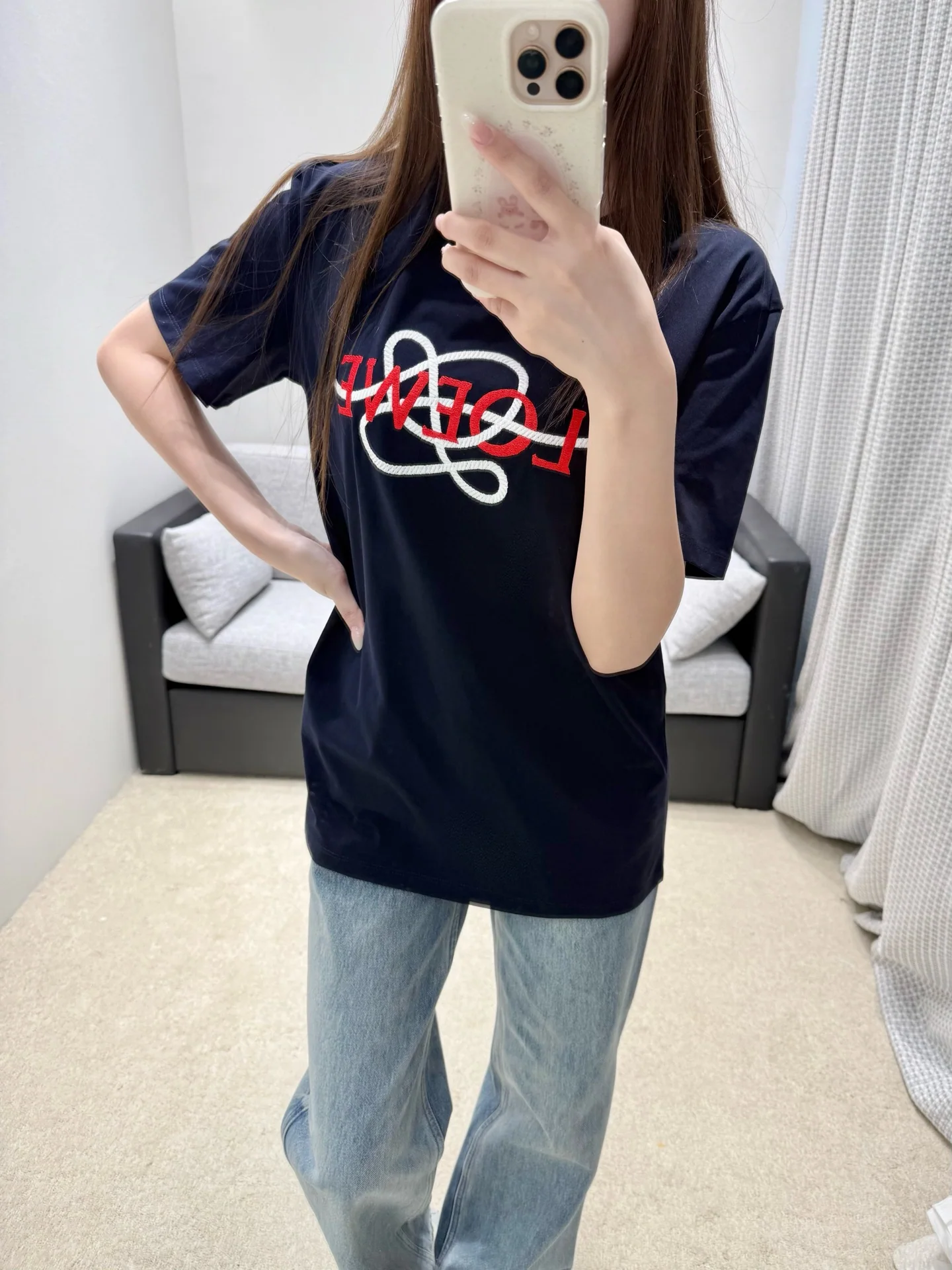 로에베 자수 로고 코튼 여성 반팔 티셔츠 상세 이미지 2