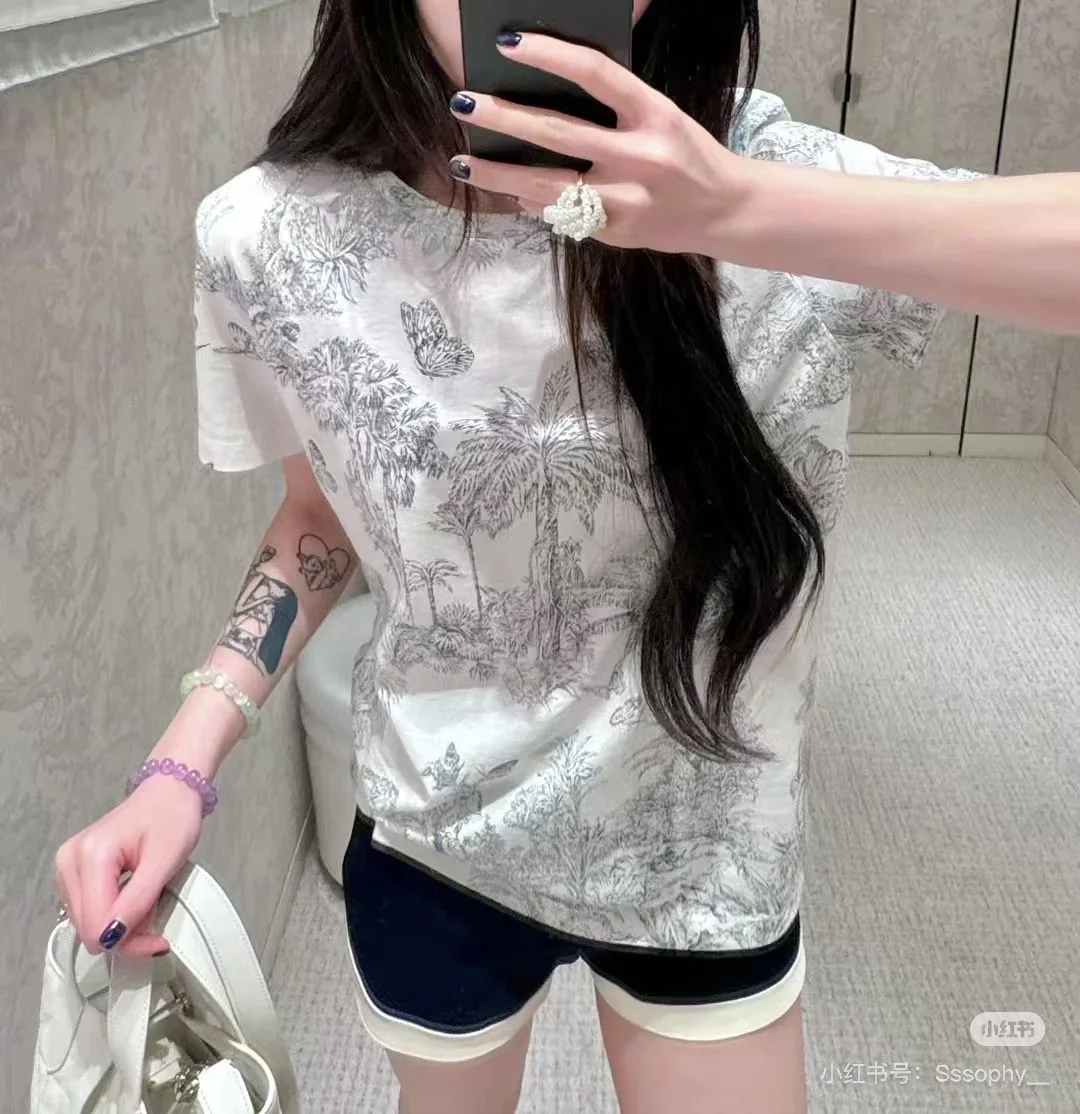 디올 여성 린넨 코튼 나비 프린트 반팔 티셔츠 상세 이미지 3