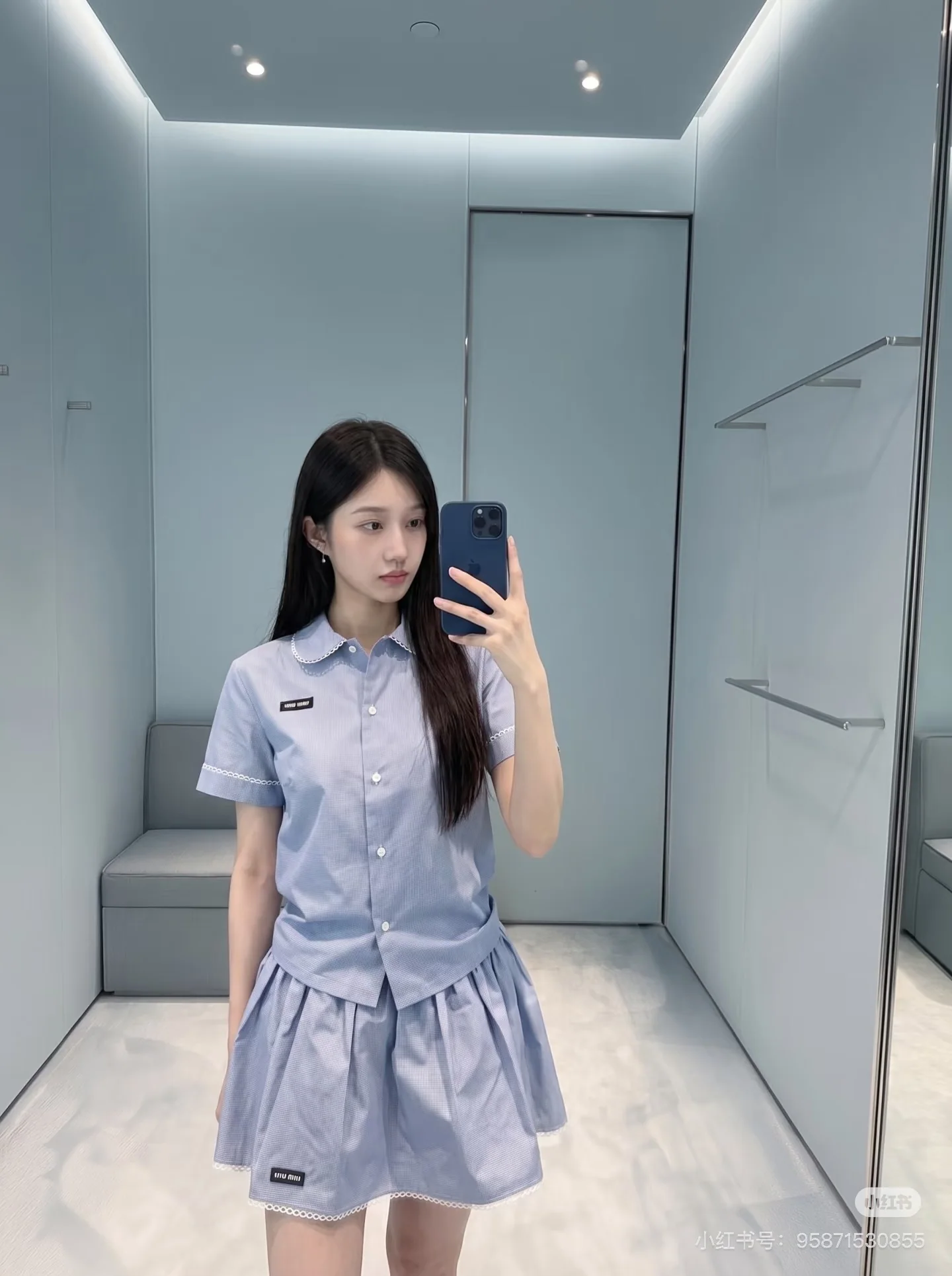 미우미우 체크 레이스 카라 반팔 티셔츠 상세 이미지 4