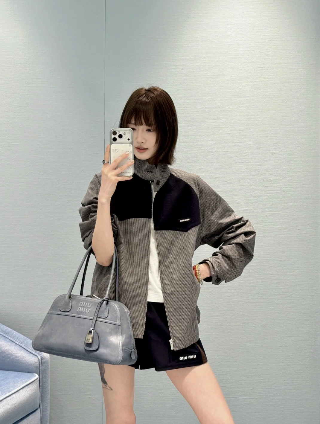 미우미우 체크 패치워크 울 자켓 상세 이미지 4
