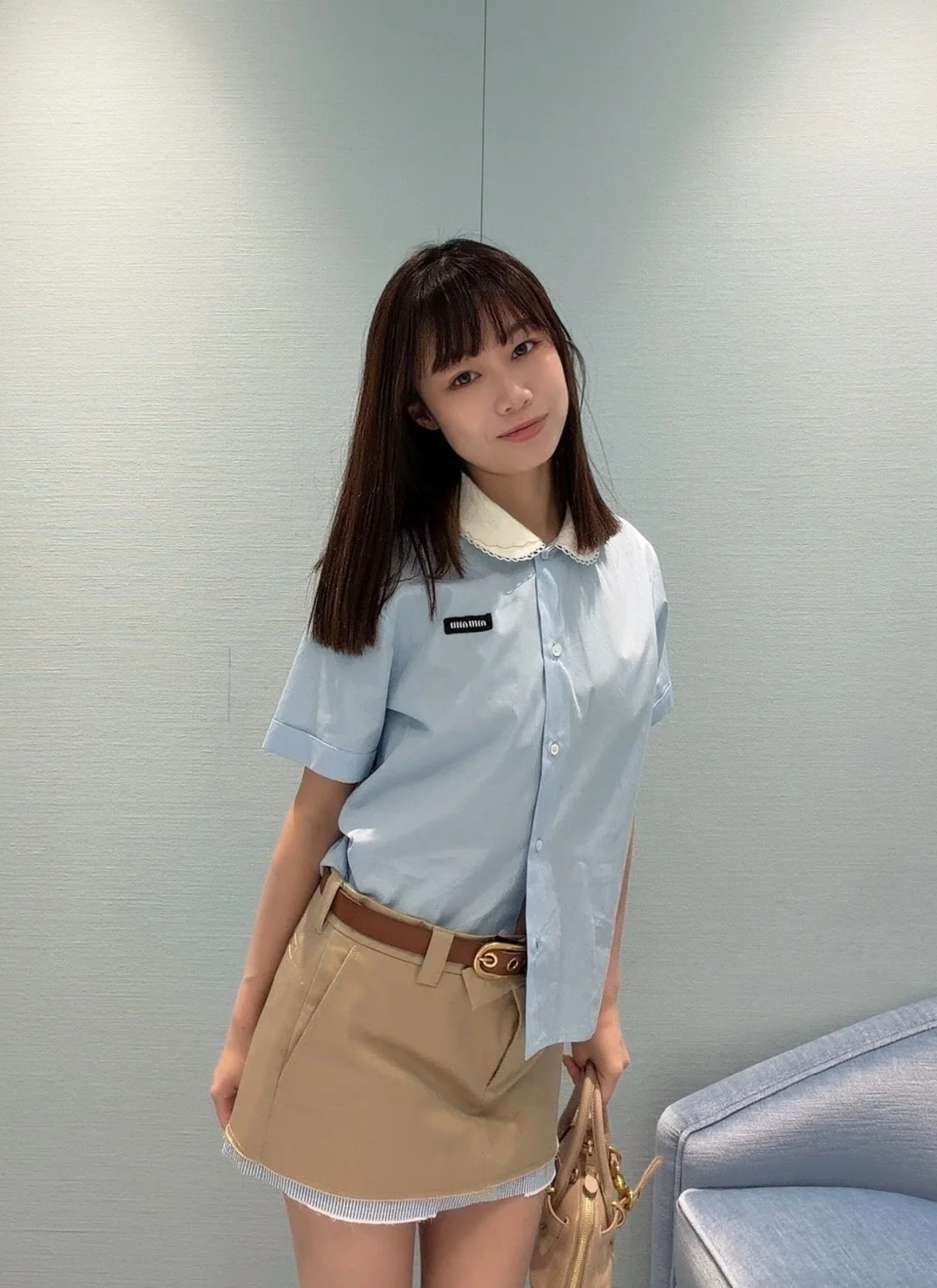 미우미우 자수 레이스 코튼 블루 셔츠 2632 상세 이미지 9