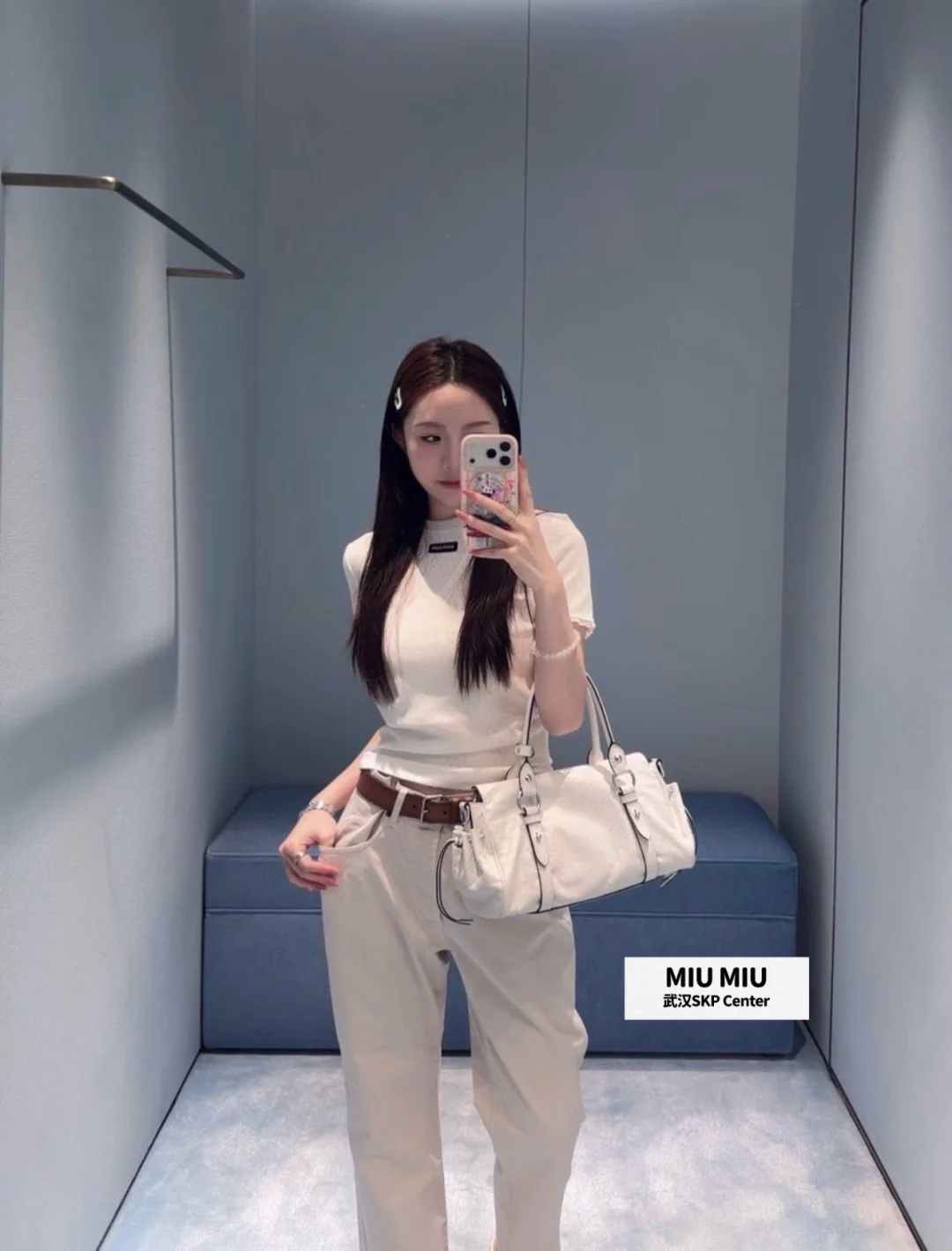 미우미우 레이스 트리밍 자수 반팔 티셔츠 114788