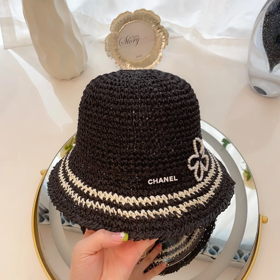 샤넬 컬러 블록 진주 장식 밀짚 모자 상세 이미지 3