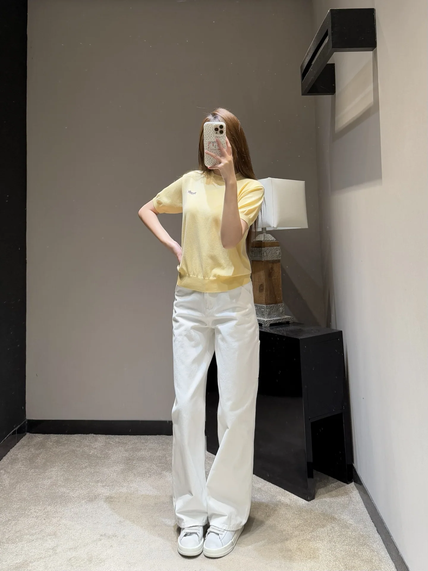 프라다 옐로우 자수 니트 반팔 크롭 톱 상세 이미지 6