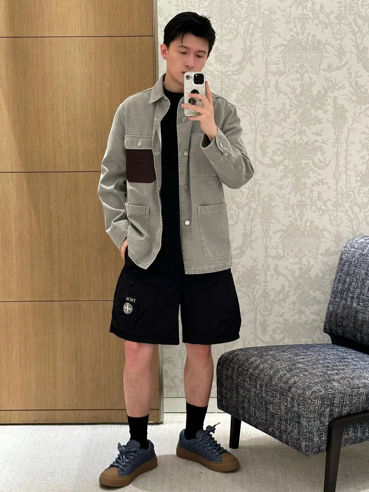 스톤아일랜드 자수 로고 코튼 혼방 새틴 남성 반바지 상세 이미지 7