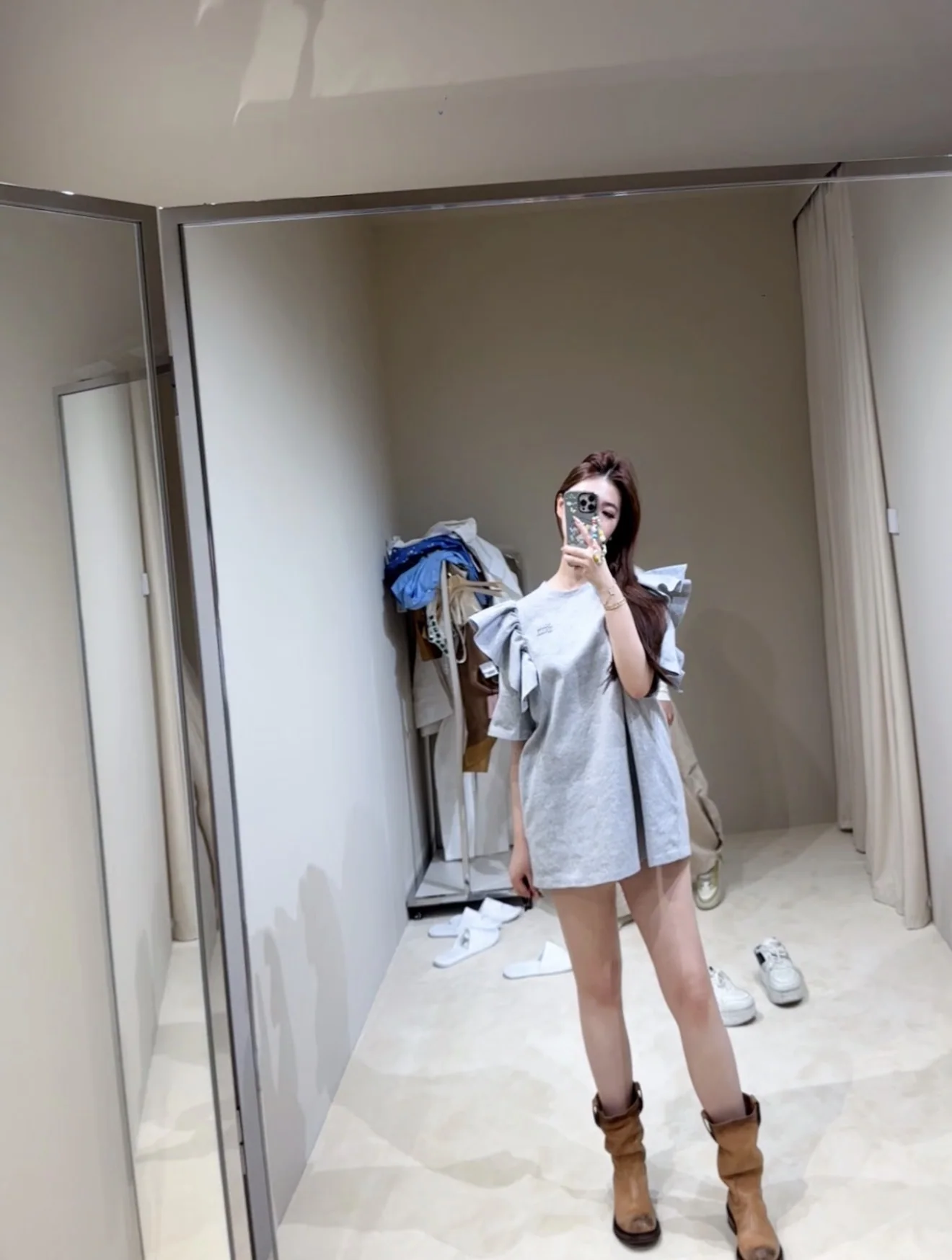 미우미우 프릴 디테일 코튼 반팔 티셔츠 상세 이미지 6