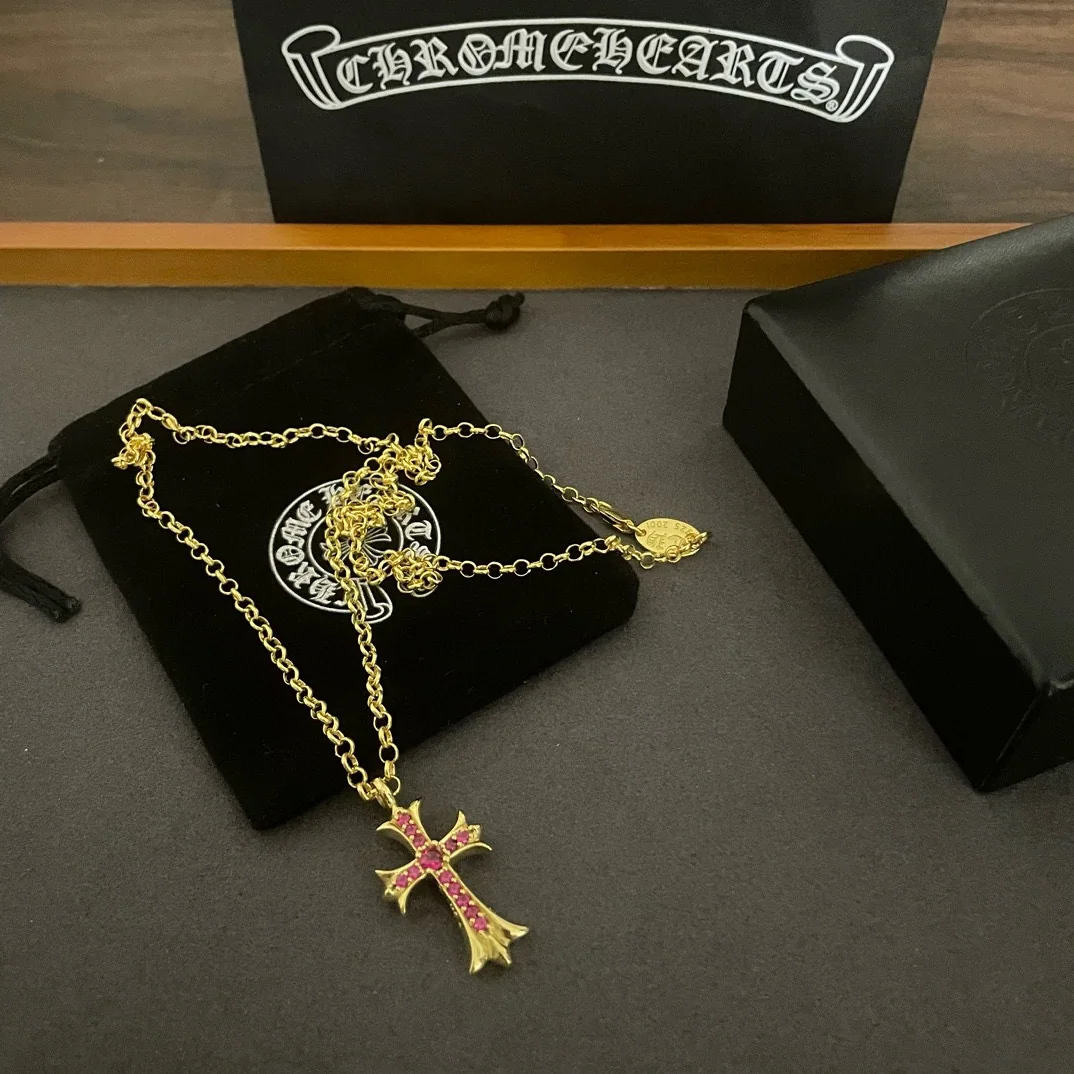 크롬하츠 크로스 핑크 장식 골드 목걸이 상세 이미지 8