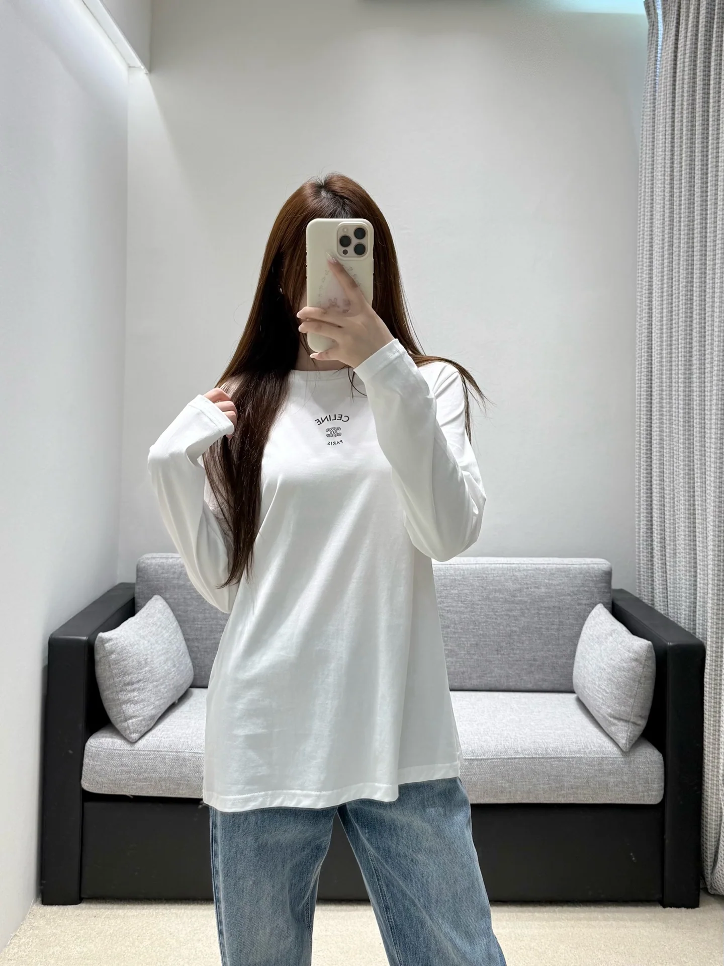 셀린느 블랙 화이트 크루넥 긴팔 티셔츠 상세 이미지 7