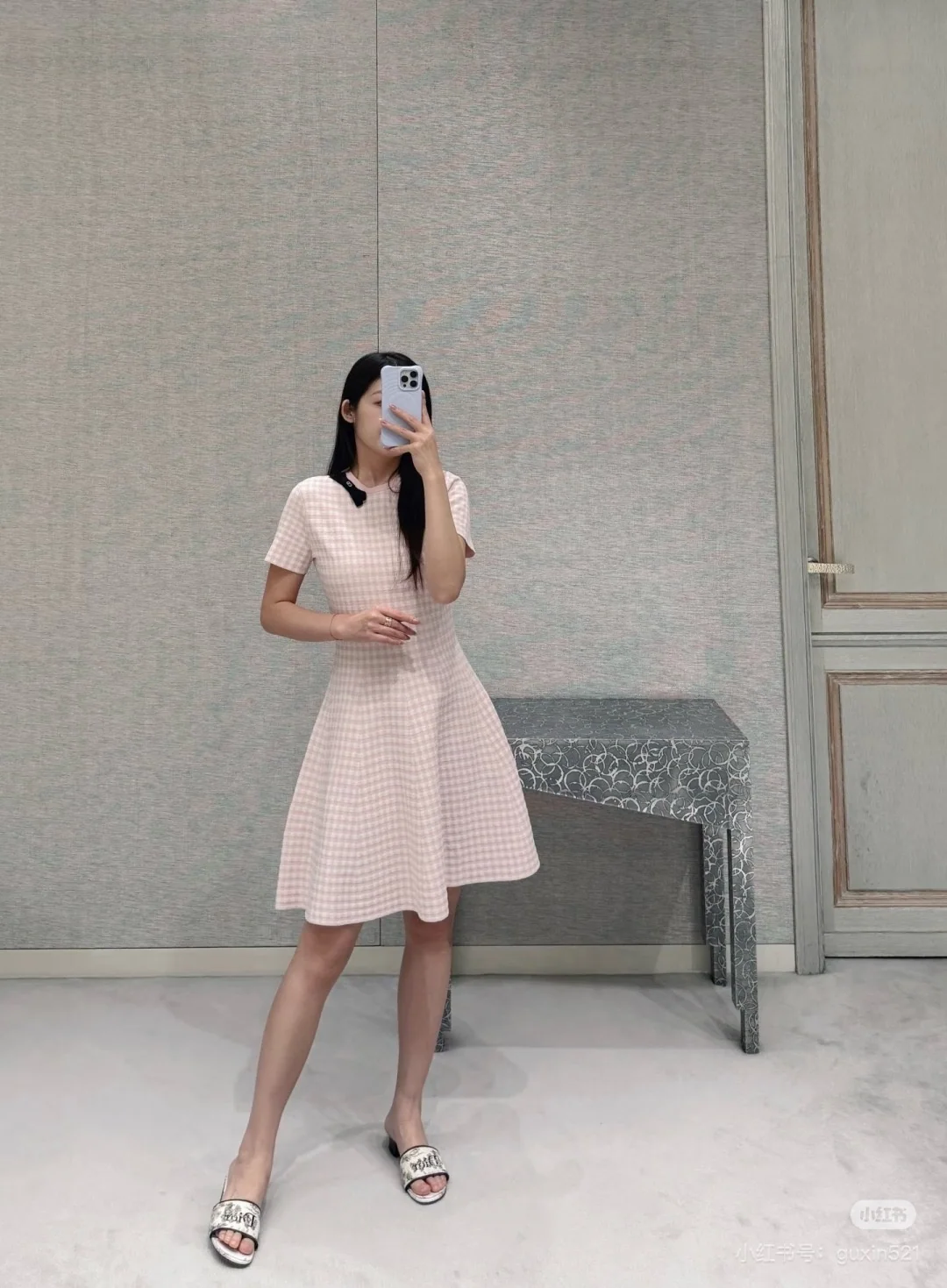 디올 벚꽃핑크 체크 패턴 리본 원피스 상세 이미지 2