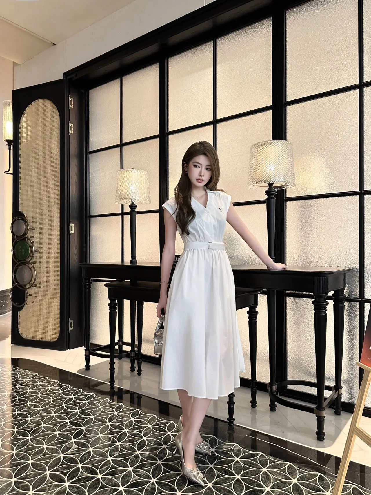 디올 벨트 카라 코튼 원피스 상세 이미지 9