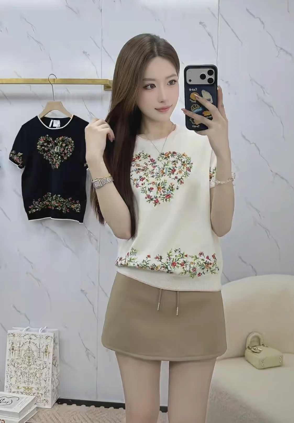 디올 플라워 자수 니트 반팔 탑 상세 이미지 7