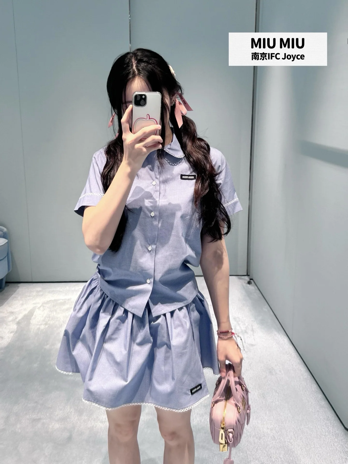 미우미우 블루 체크 피터팬 카라 반팔 셔츠 스커트 세트 26 SS 상세 이미지 6