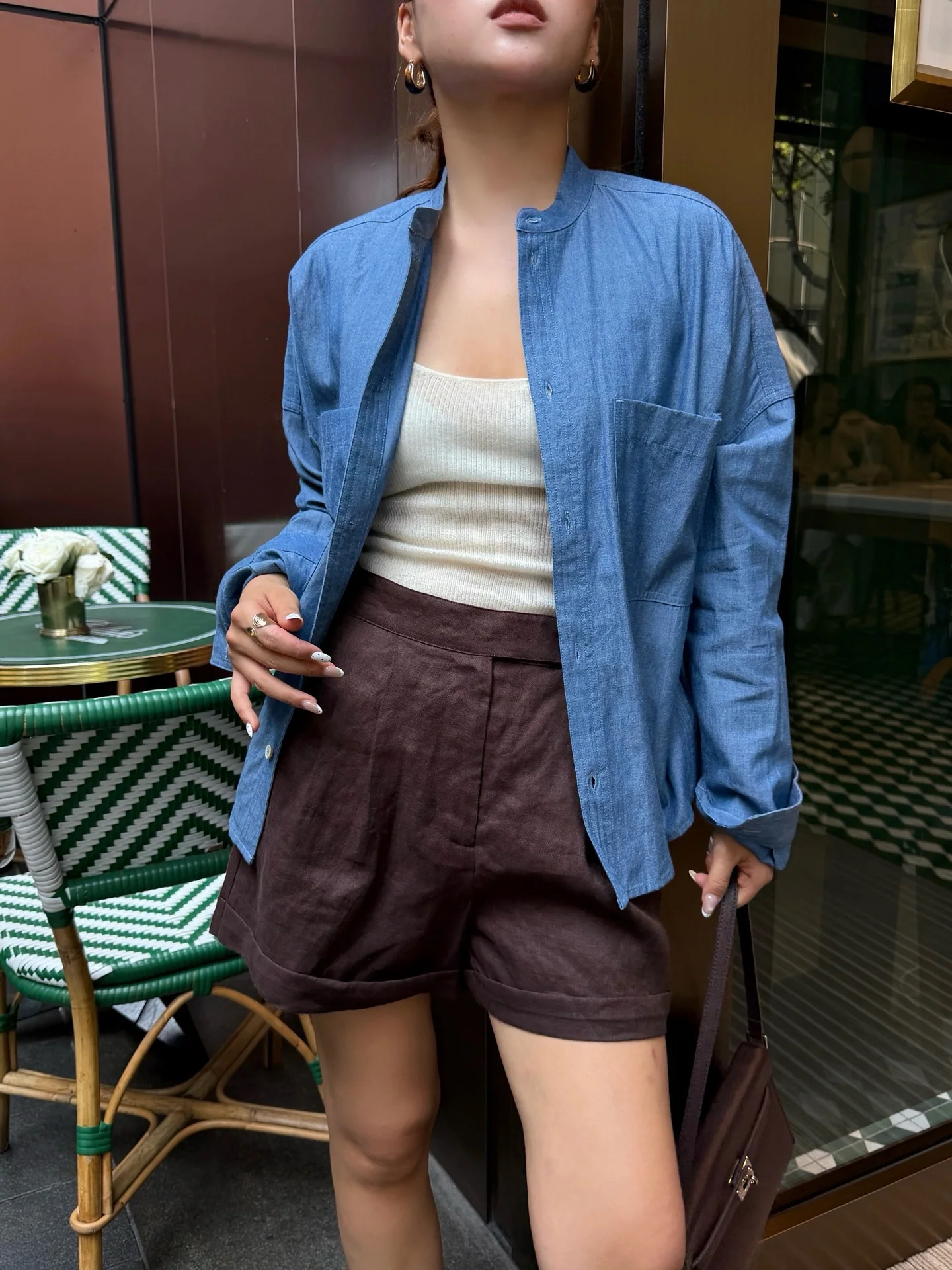 로로피아나 스탠드 카라 데님 여성 셔츠 상세 이미지 5