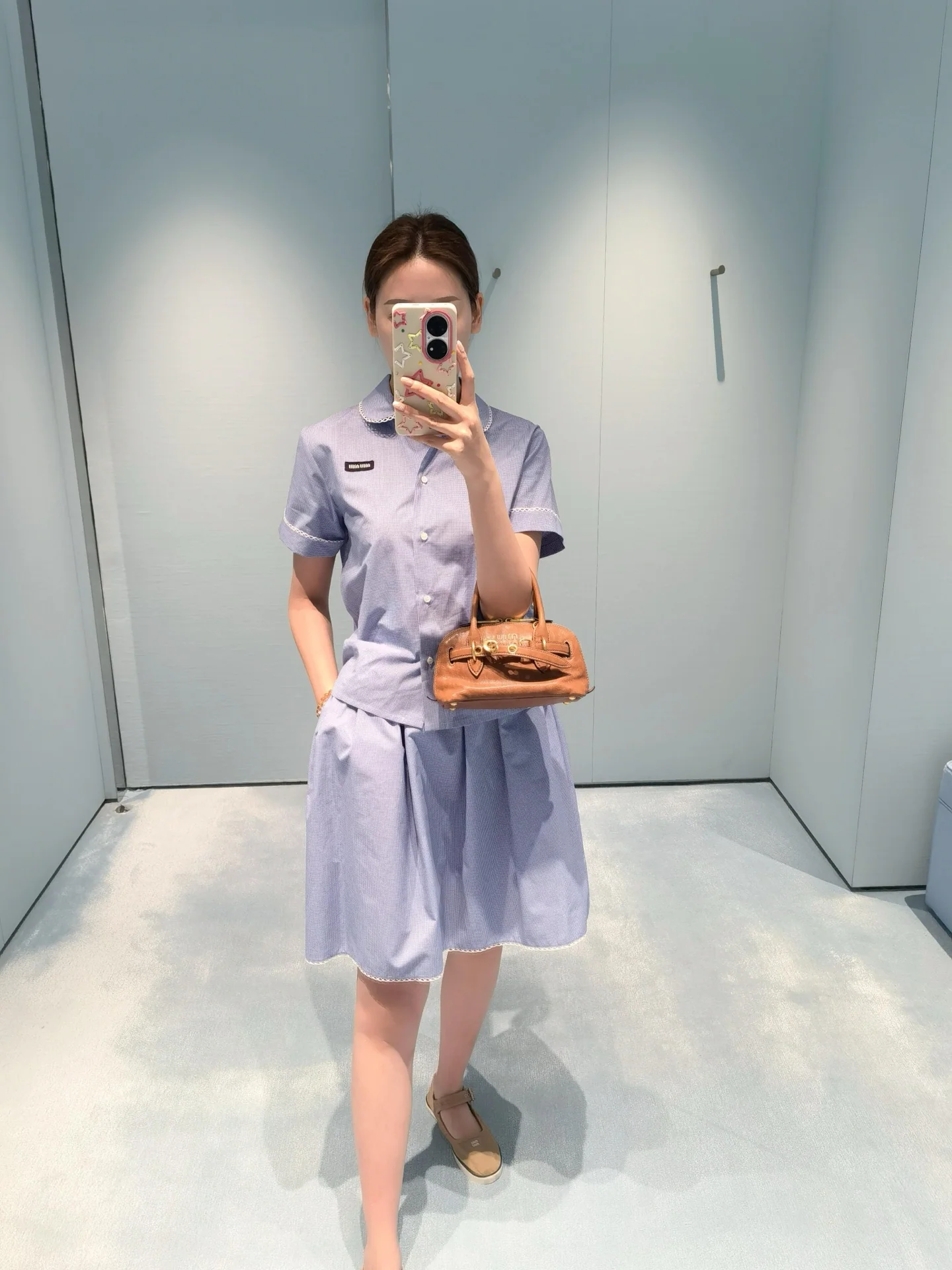 미우미우 블루 체크 피터팬 카라 반팔 셔츠 스커트 세트 26 SS 상세 이미지 3