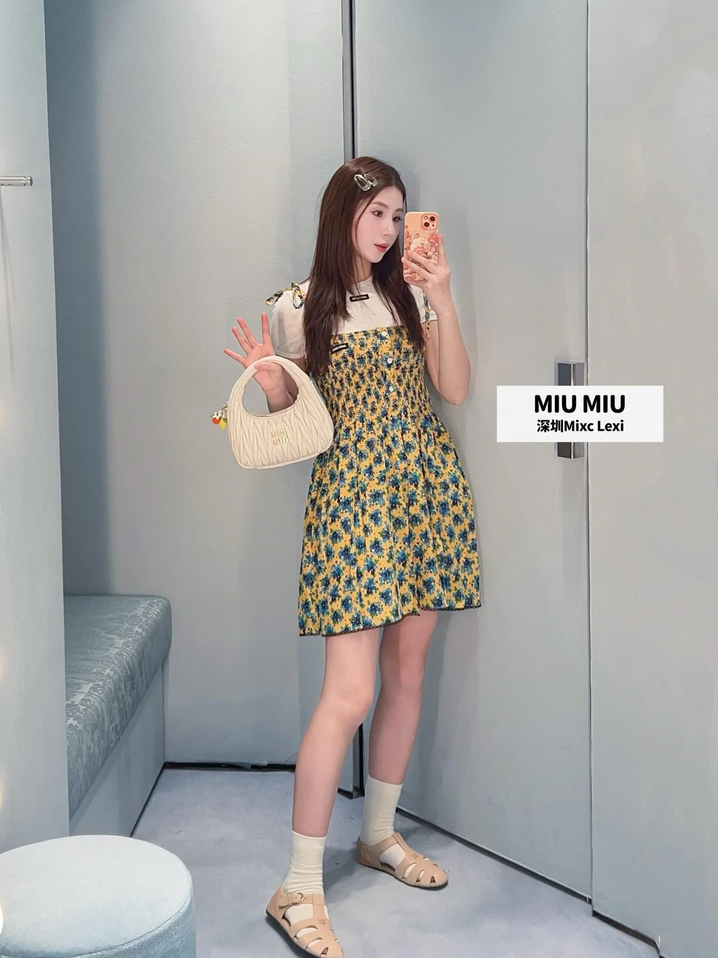 미우미우 블루 옐로우 플라워 실크 A라인 원피스 상세 이미지 6
