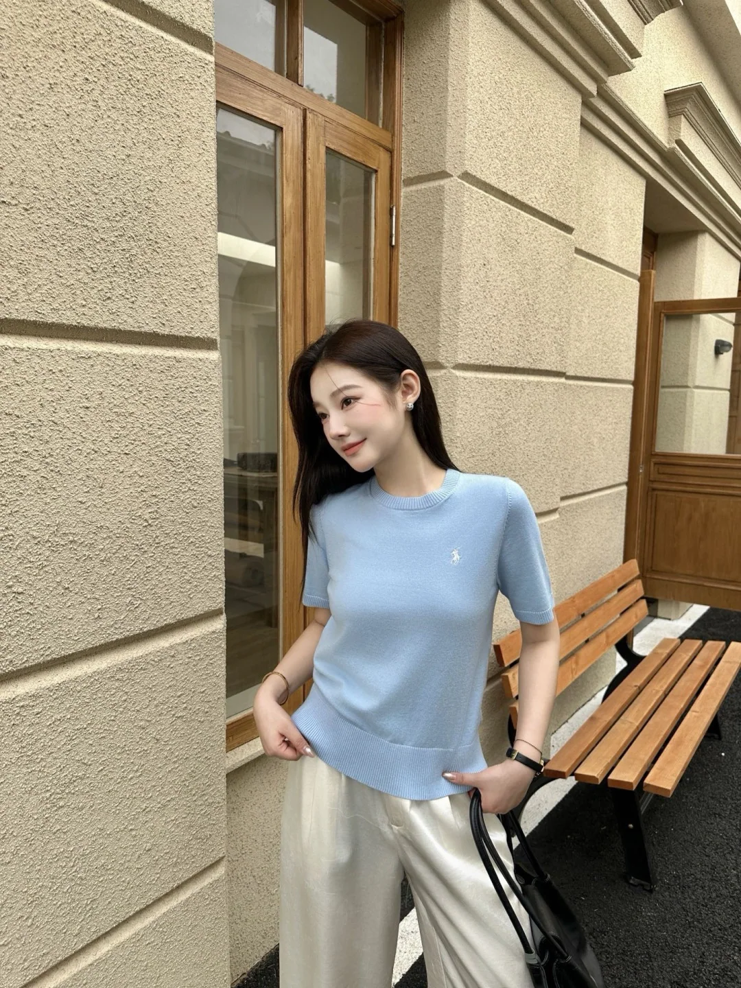 폴로 여성 포니 자수 코튼 반팔 니트 탑 상세 이미지 2