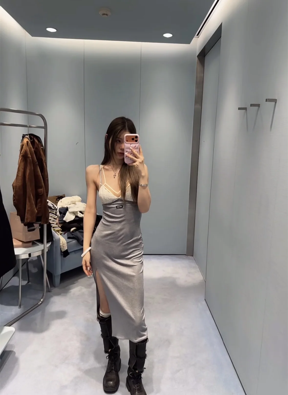 미우미우 그레이 패치워크 레이스 슬립 원피스 상세 이미지 1