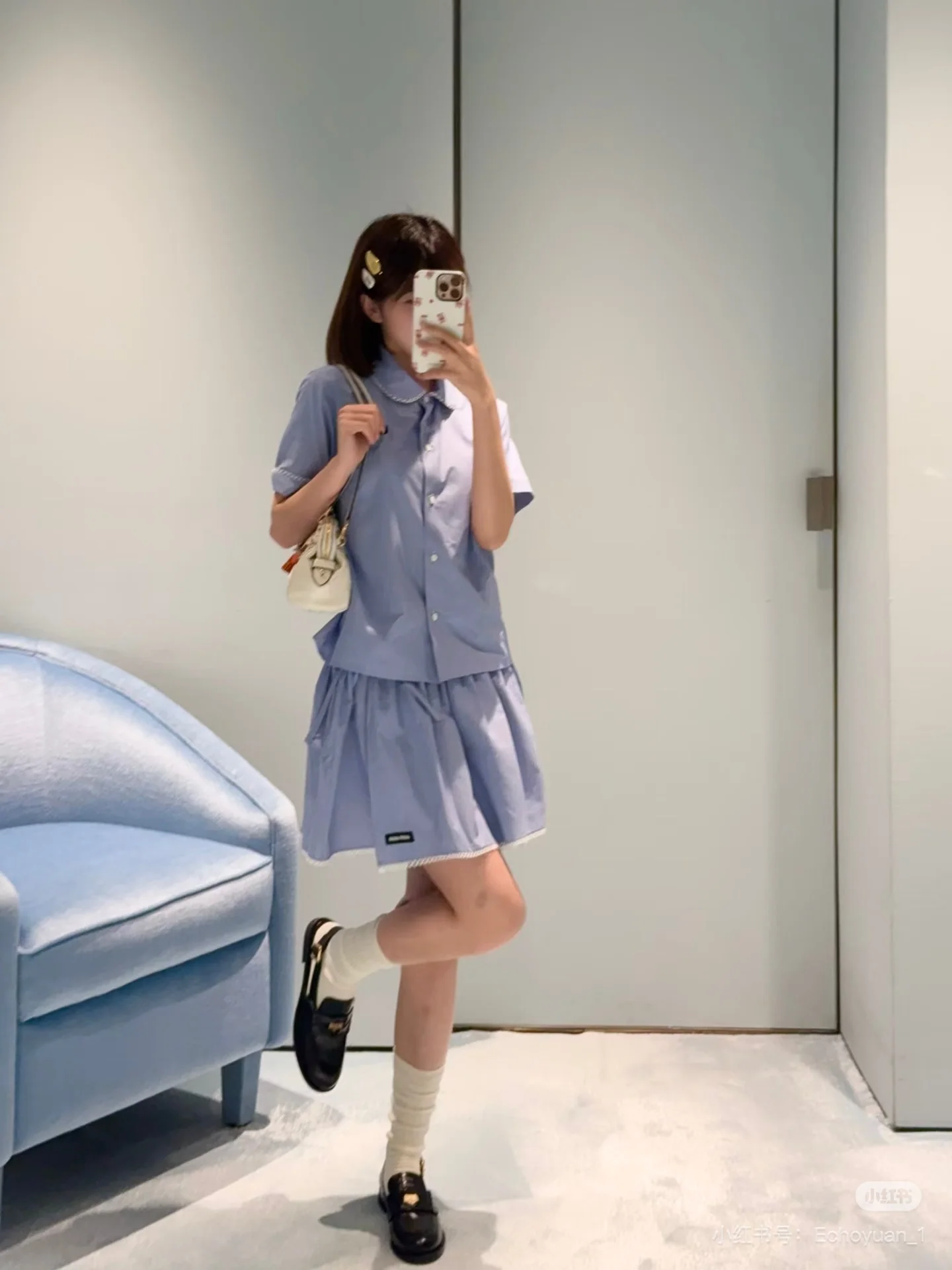 미우미우 체크 레이스 카라 반팔 티셔츠 상세 이미지 5