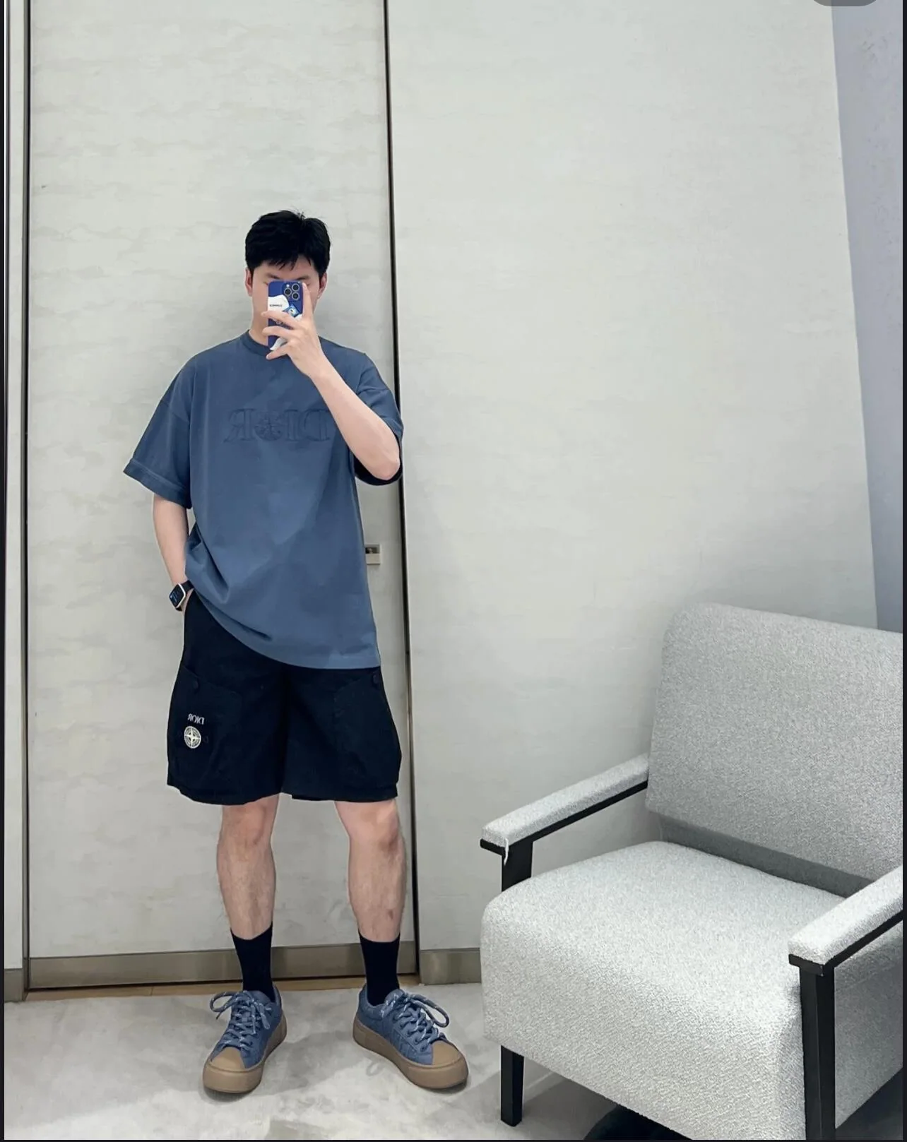 스톤아일랜드 자수 로고 코튼 혼방 새틴 남성 반바지 상세 이미지 4