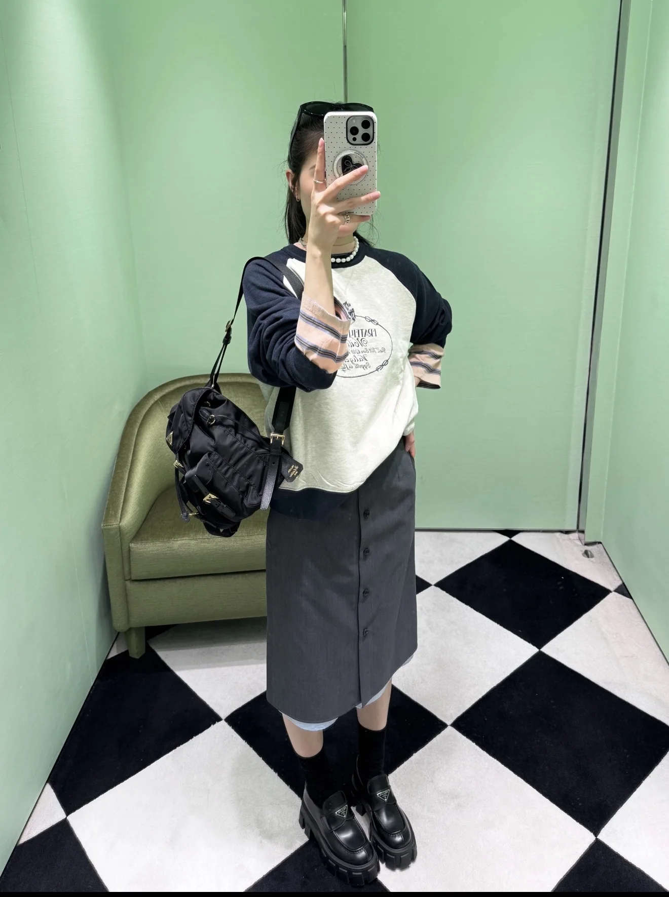 프라다 컬러 블록 코튼 크루넥 긴팔 티셔츠 상세 이미지 3
