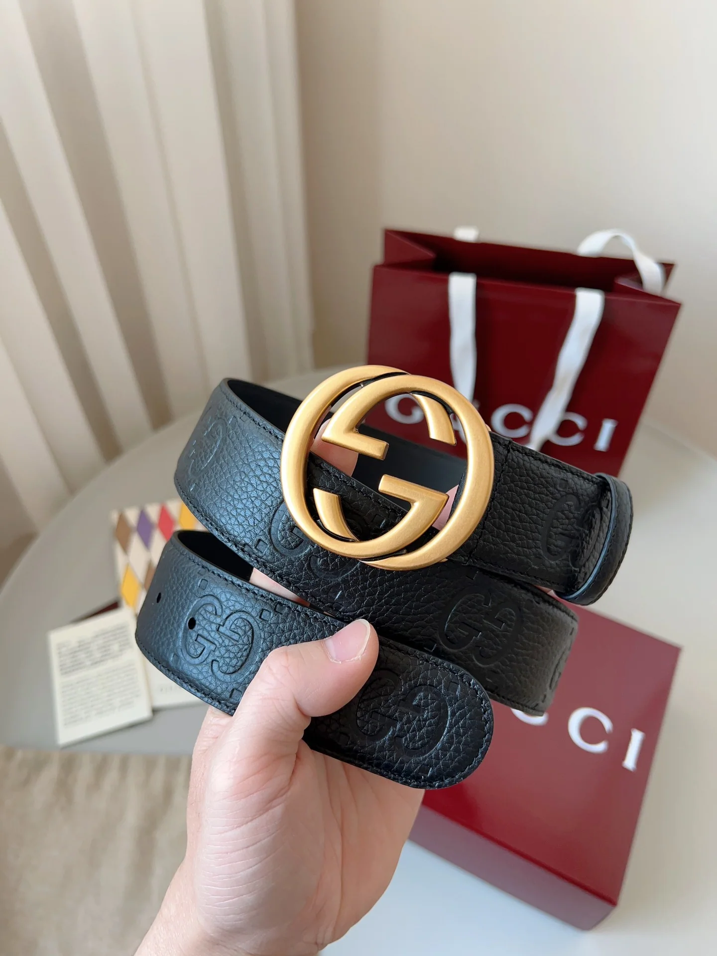 구찌 인터로킹 더블 G 블랙 GG 그레인 레더 벨트 상세 이미지 9