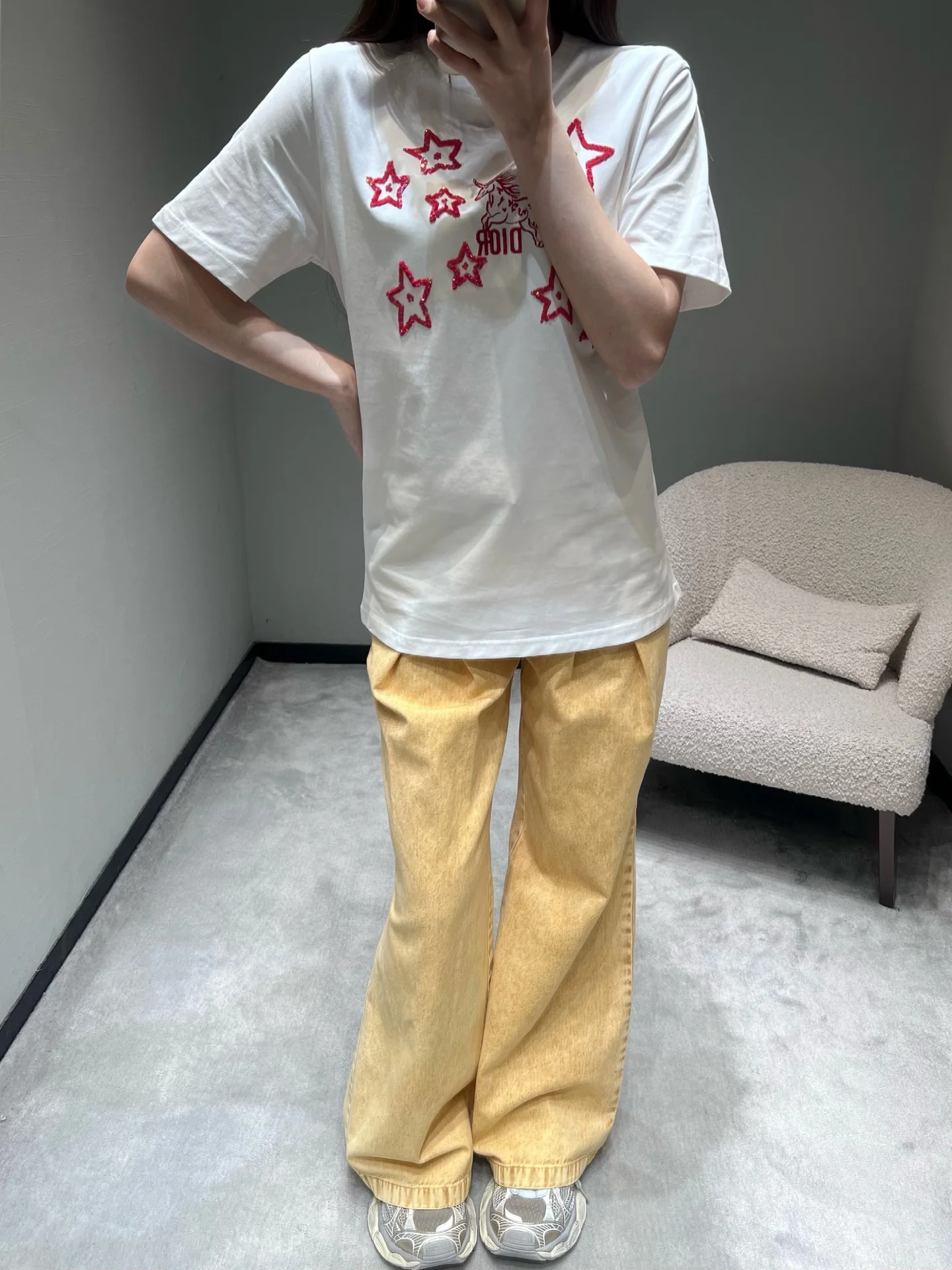 디올 별과 유니콘 자수 여성 반팔 티셔츠 상세 이미지 2