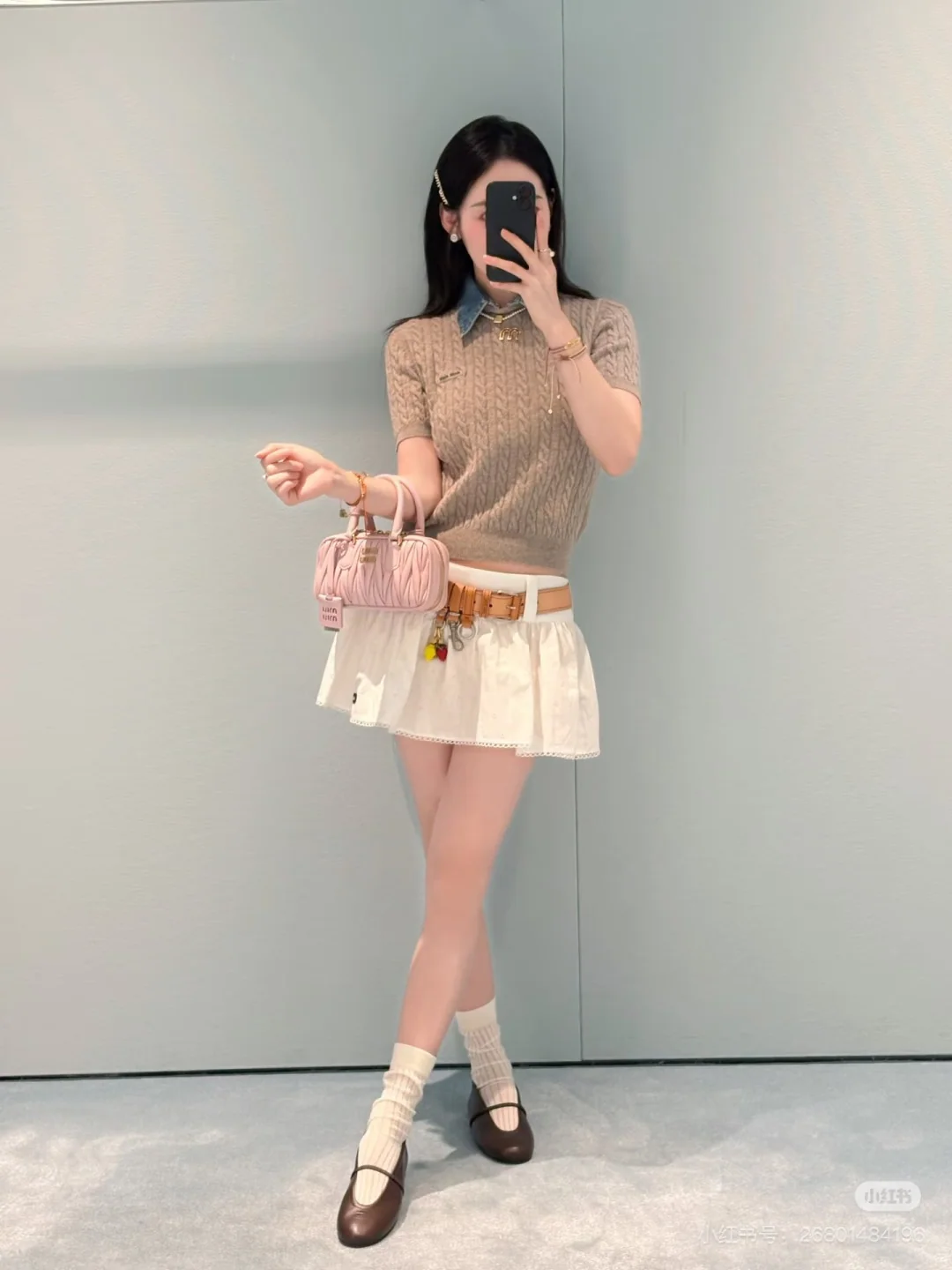 미우미우 데님 카라 케이블 니트 반팔 티셔츠 상세 이미지 3