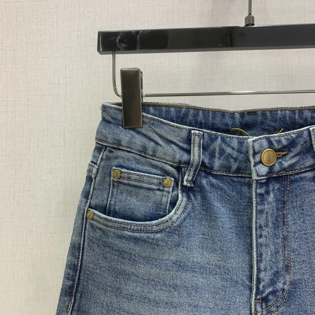 생로랑 로고 자수 백 포켓 크롭 진 바지 상세 이미지 2