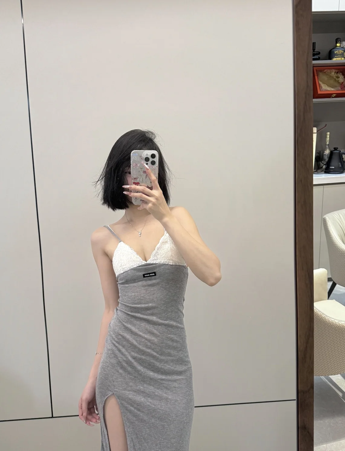 미우미우 그레이 패치워크 레이스 슬립 원피스 상세 이미지 7