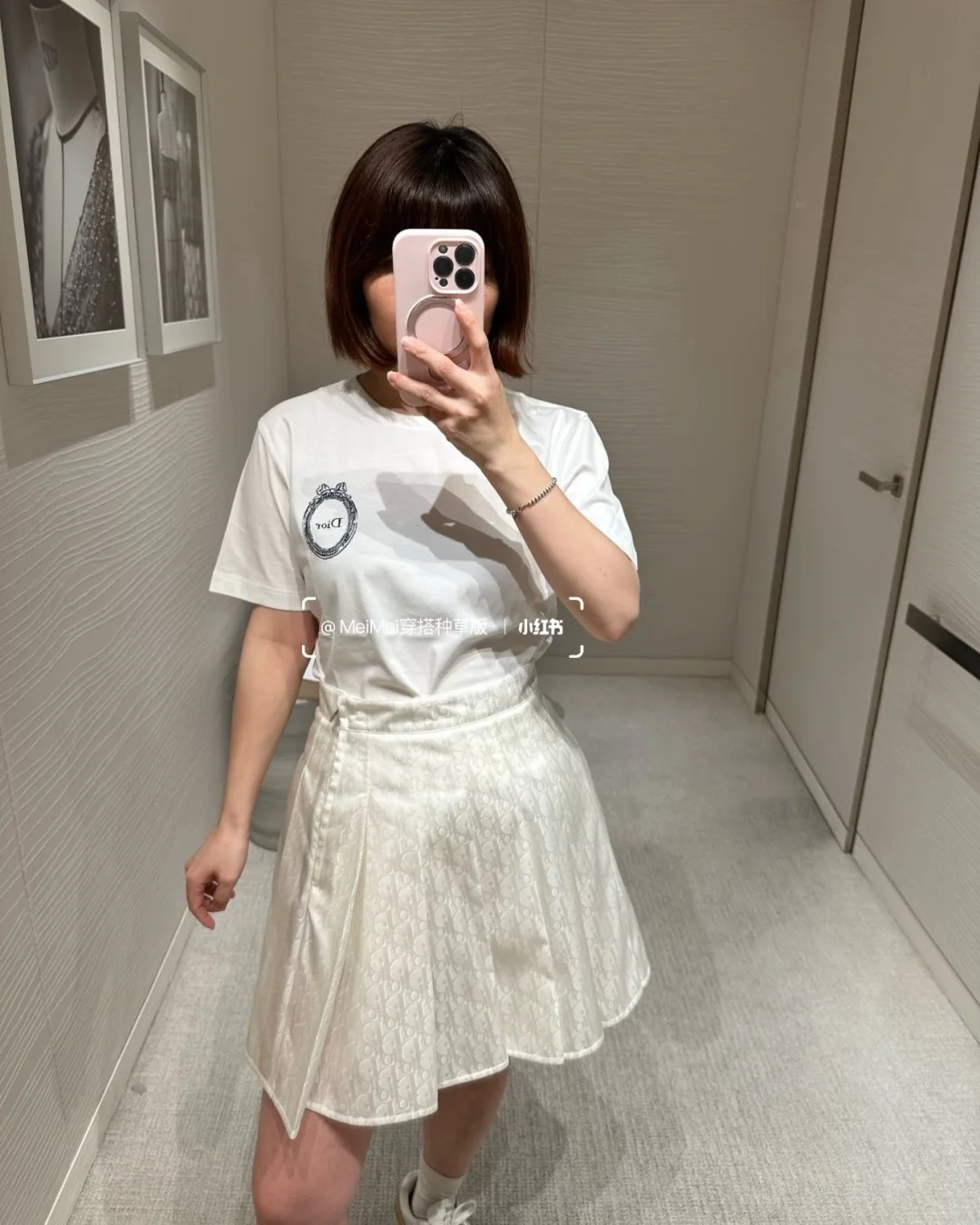 디올 밀크 살구 모노그램 플리츠 미디 스커트 상세 이미지 4