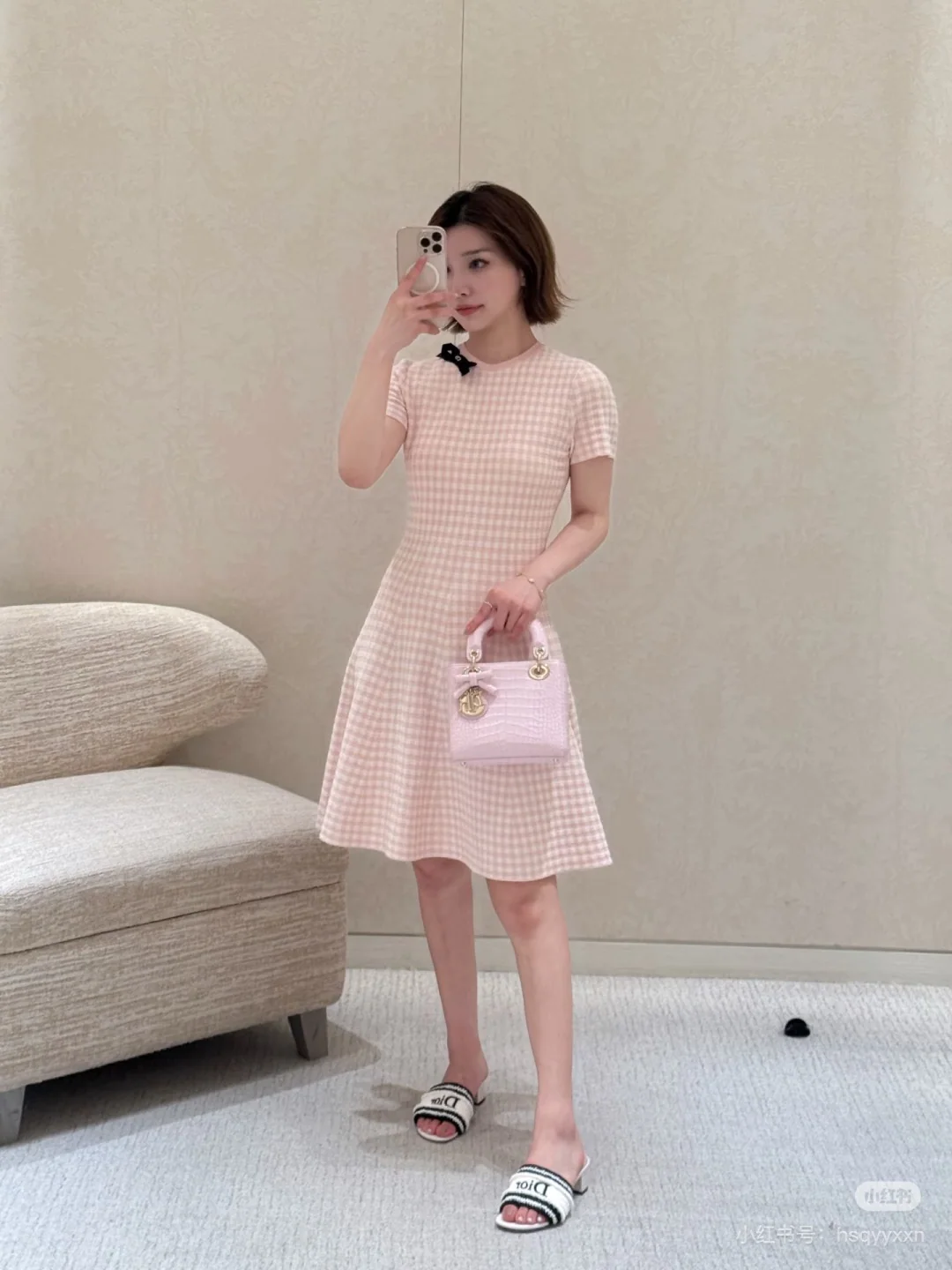 디올 벚꽃핑크 체크 패턴 리본 원피스 상세 이미지 9