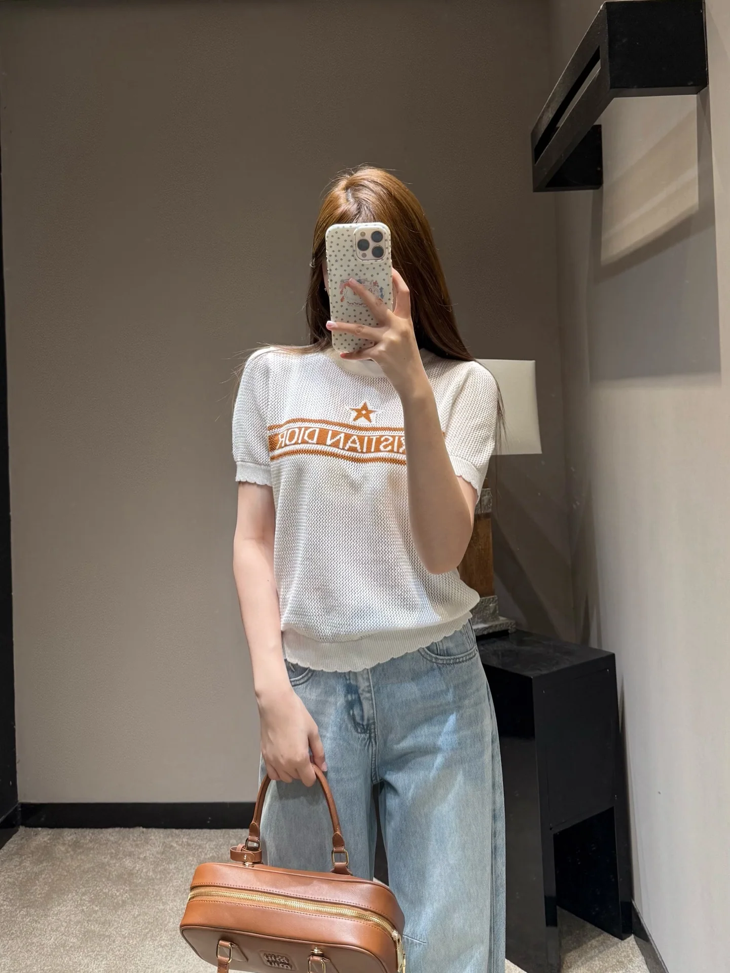 디올 레이스 소매 메시 니트 반팔 탑 상세 이미지 9