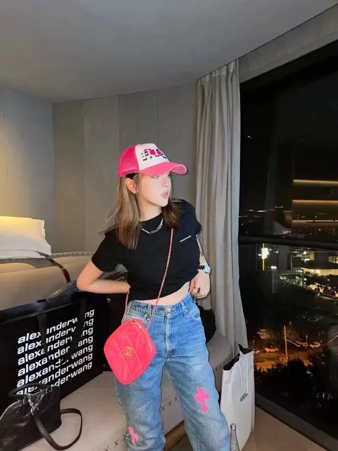 크롬하츠 핑크 가죽 블루 워시 진 바지 상세 이미지 6