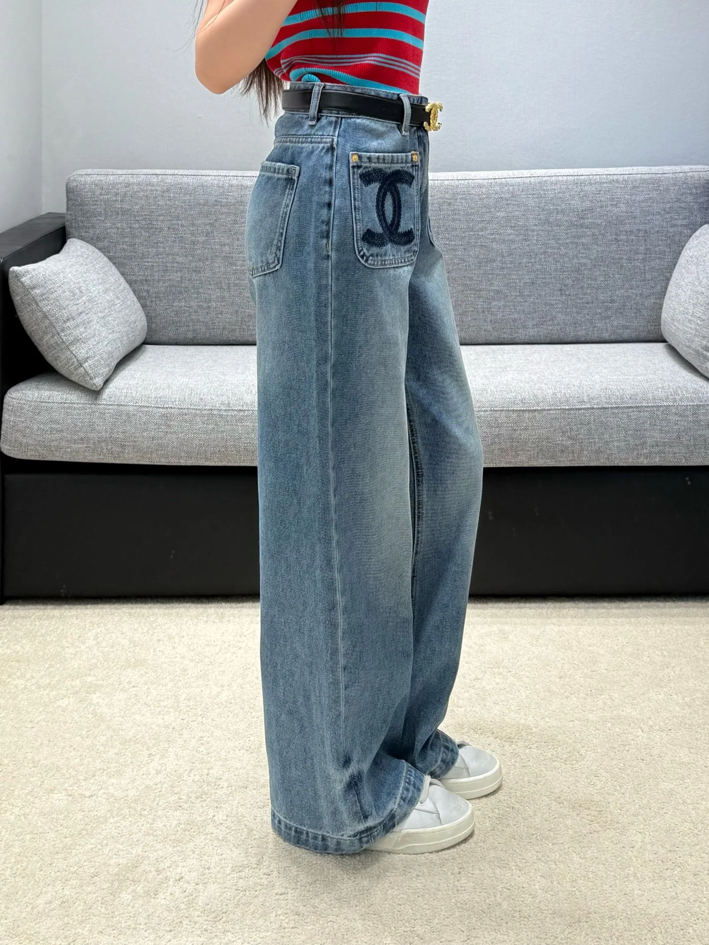 샤넬 투톤 와이드 레그 데님 여성 바지 상세 이미지 8