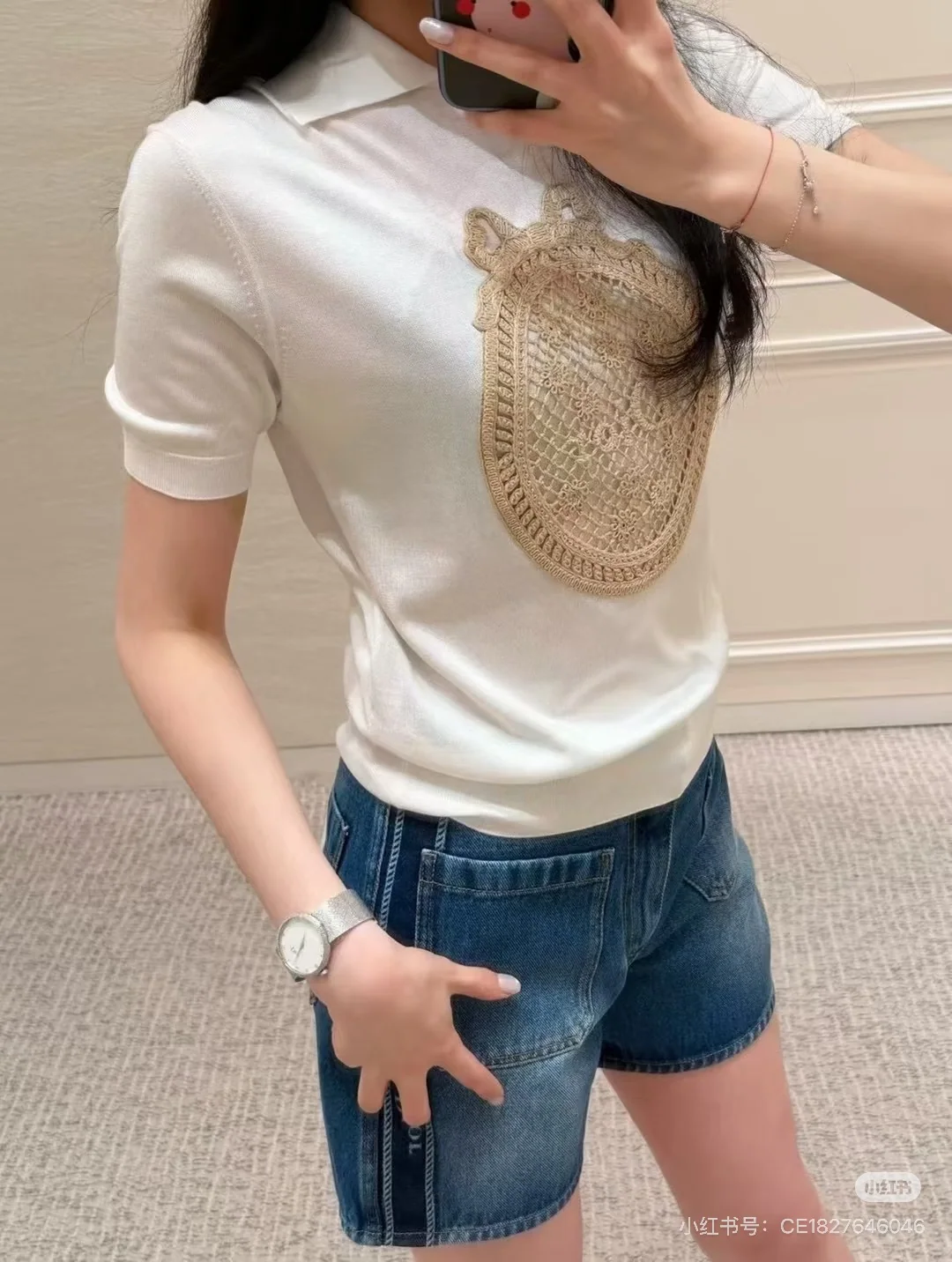 디올 가든 월드 3 D 자수 여성 니트 반팔 탑 상세 이미지 7