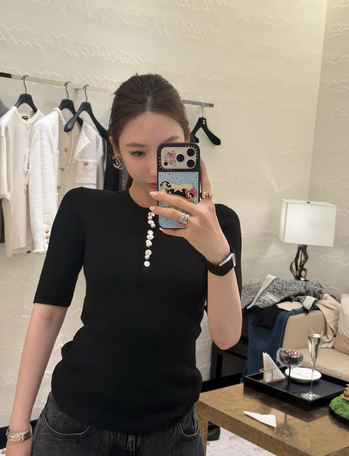 샤넬 라인스톤 버튼 여성 반팔 니트 티셔츠 상세 이미지 4