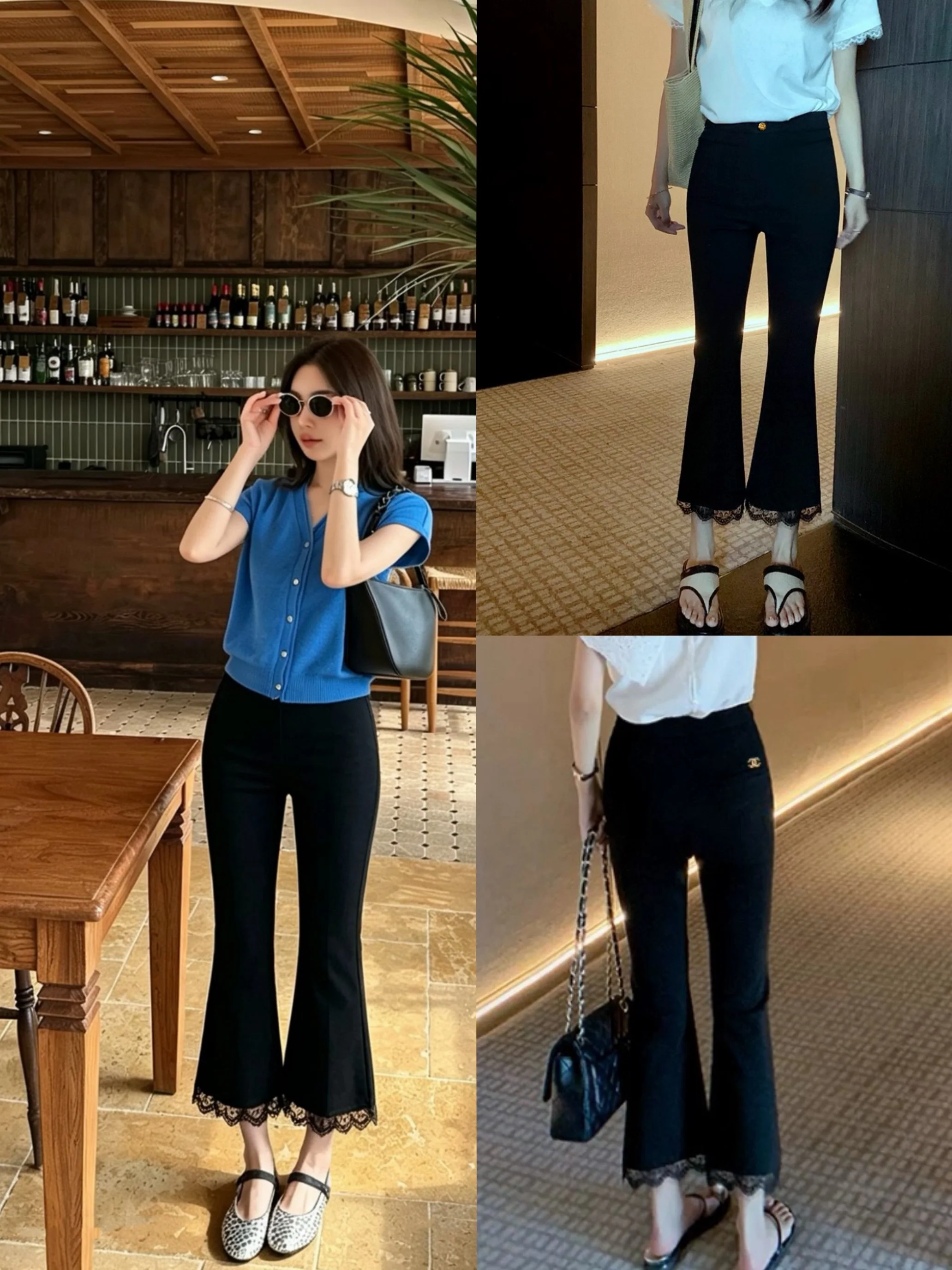 샤넬 더블 C 장식 레이스 트림 크롭 플레어 바지 상세 이미지 1