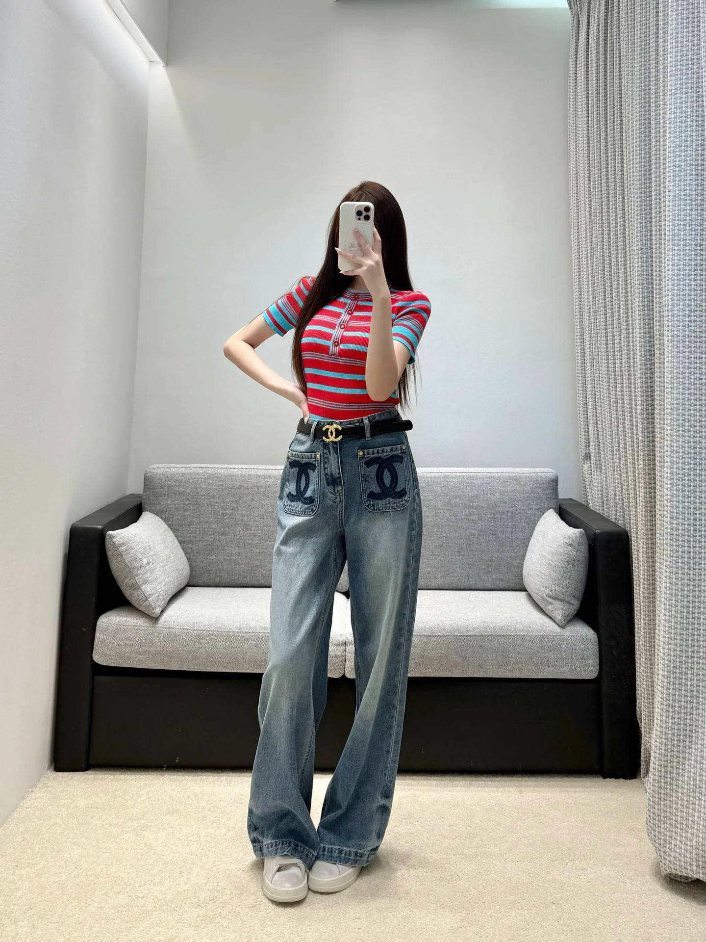 샤넬 투톤 와이드 레그 데님 여성 바지 상세 이미지 6