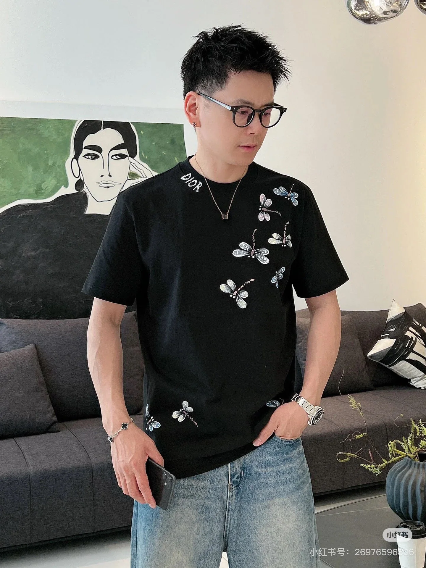 디올 나비 프린트 여성 반팔 티셔츠 상세 이미지 6