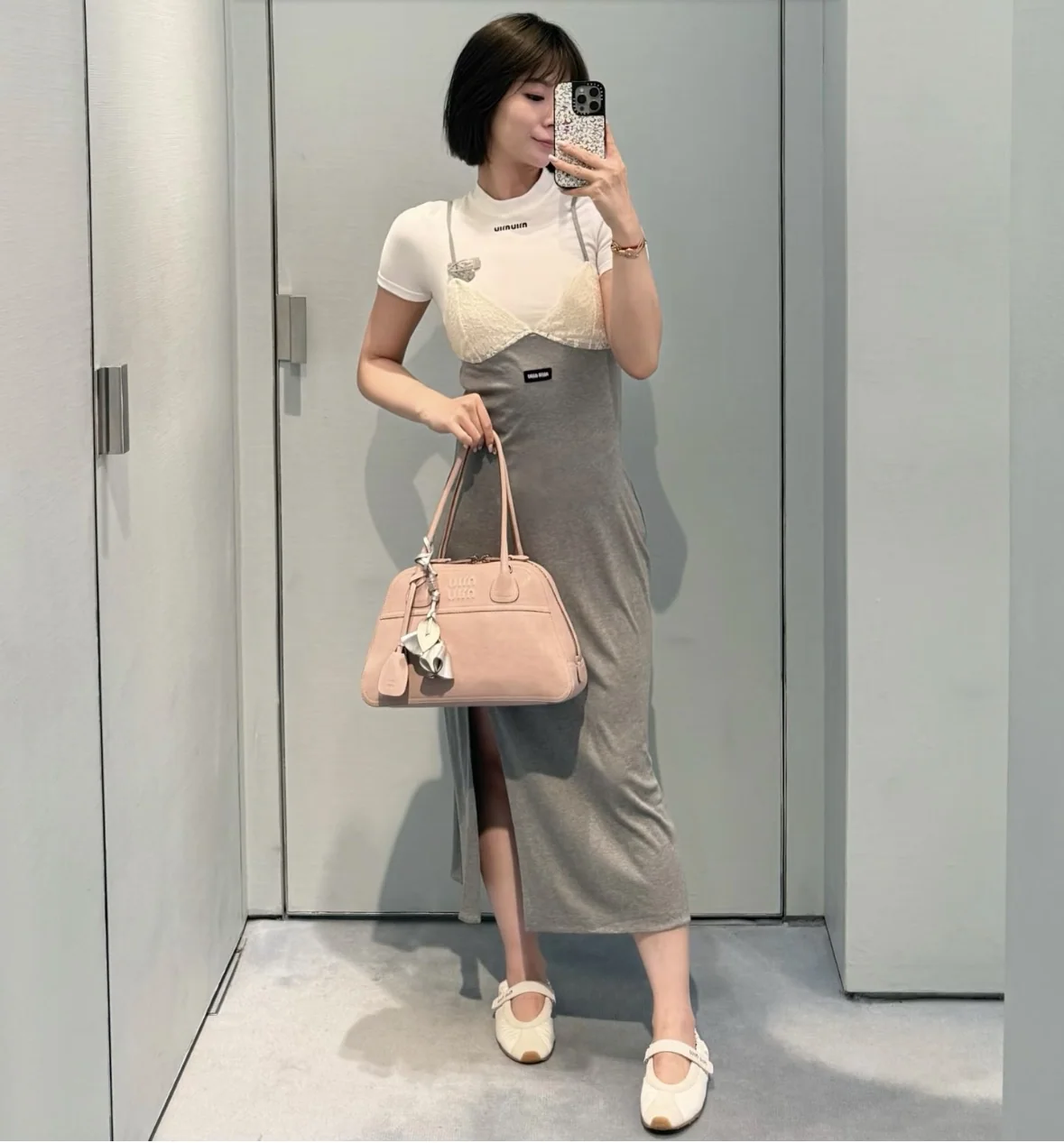 미우미우 그레이 패치워크 레이스 슬립 원피스 상세 이미지 6