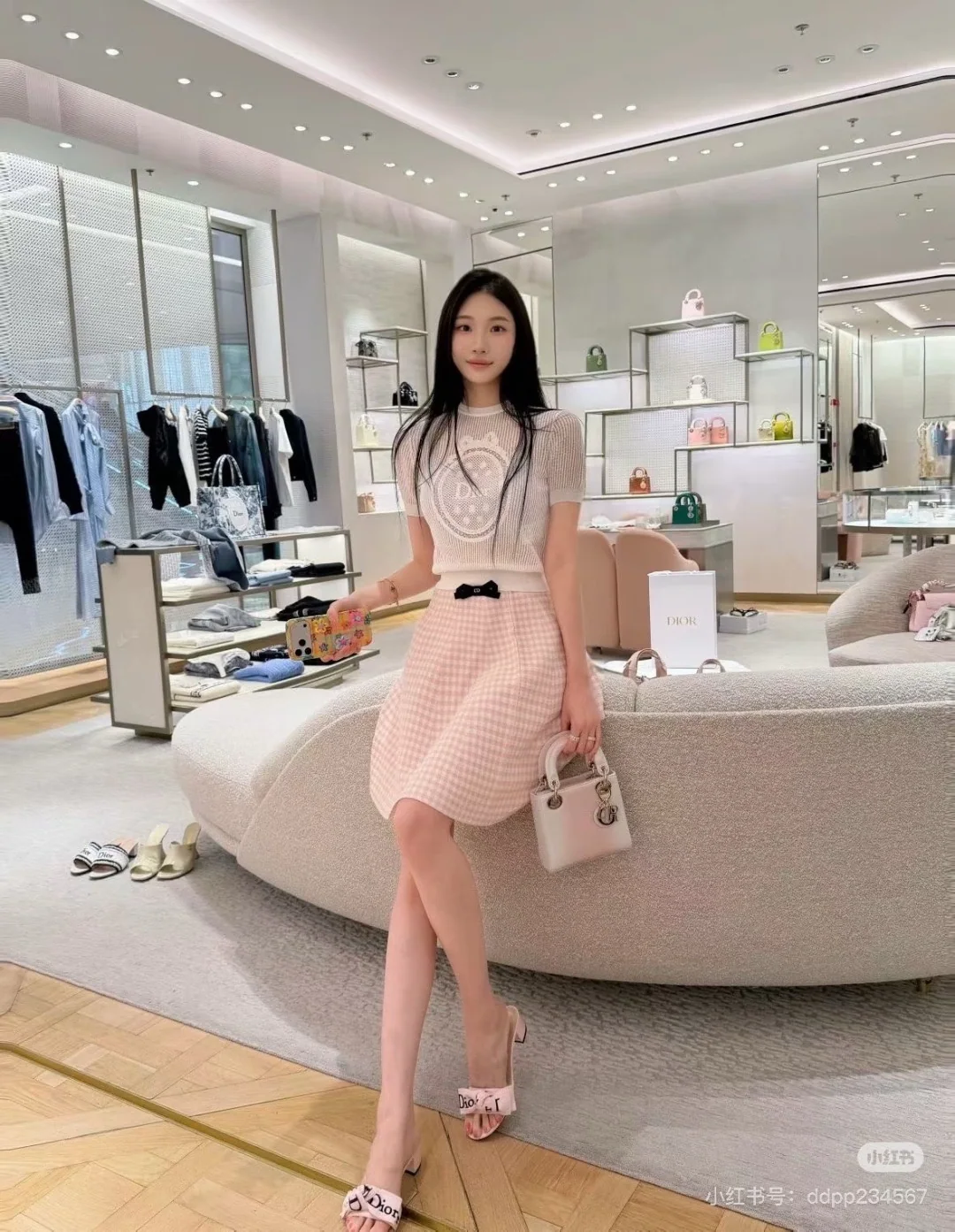 디올 벚꽃 핑크 리본 깃털 체크 세트 상세 이미지 5