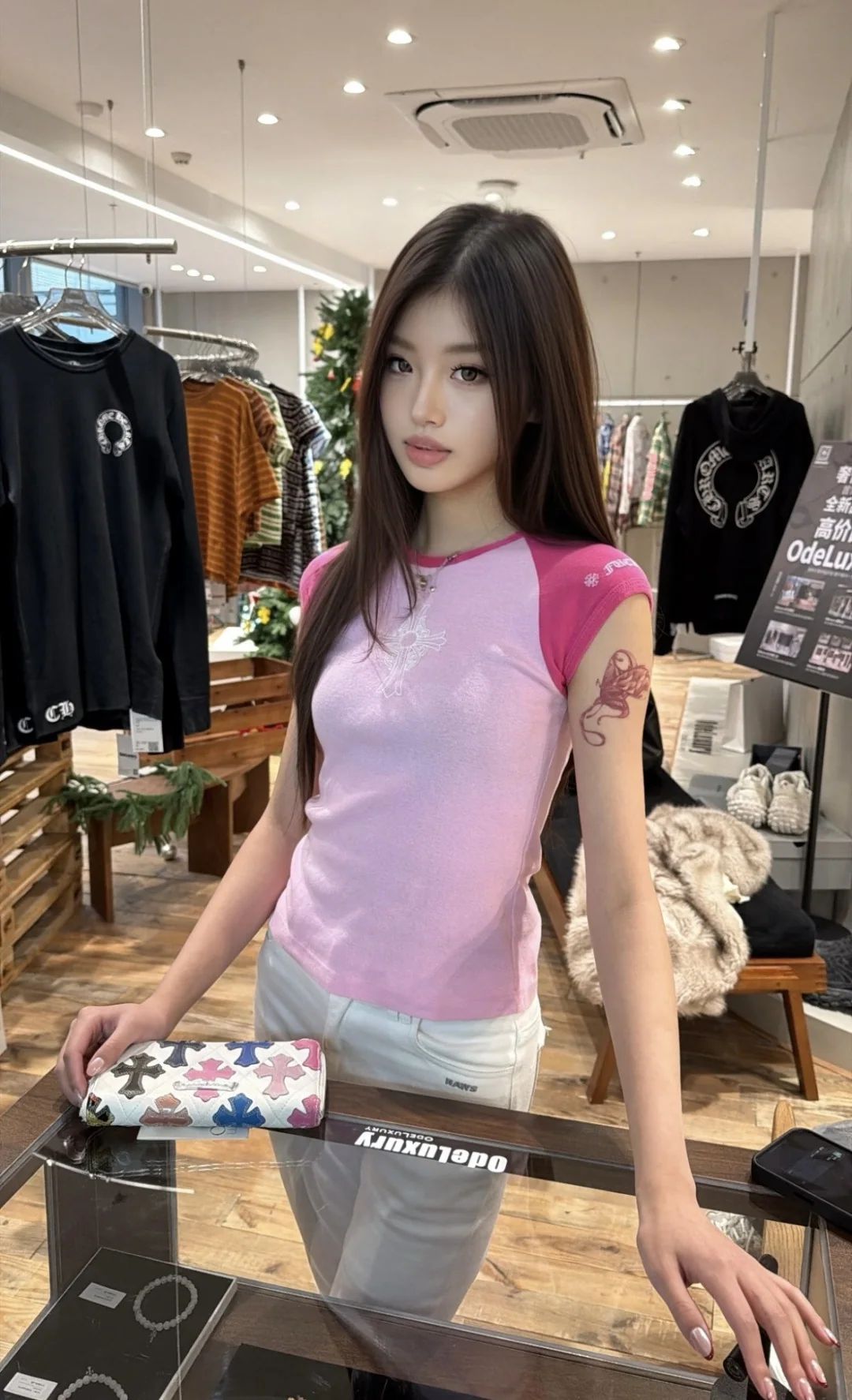 크롬하츠 핑크 크로스 컬러 블록 여성 반팔 티셔츠 상세 이미지 3