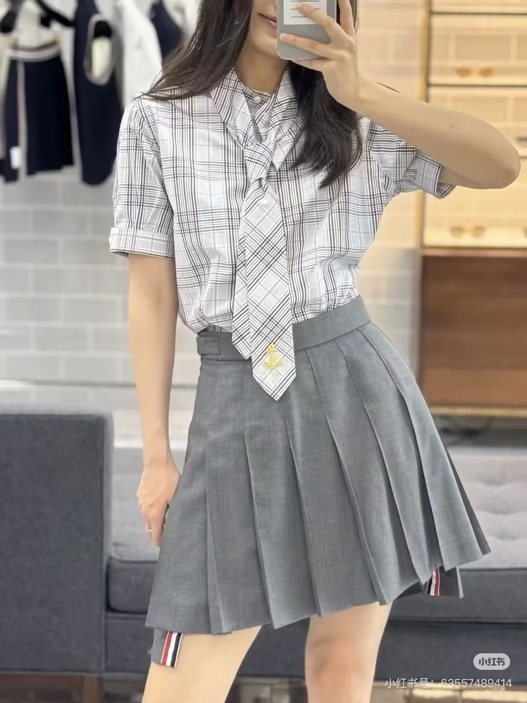 톰브라운 체크 셔츠 여성용 상세 이미지 4