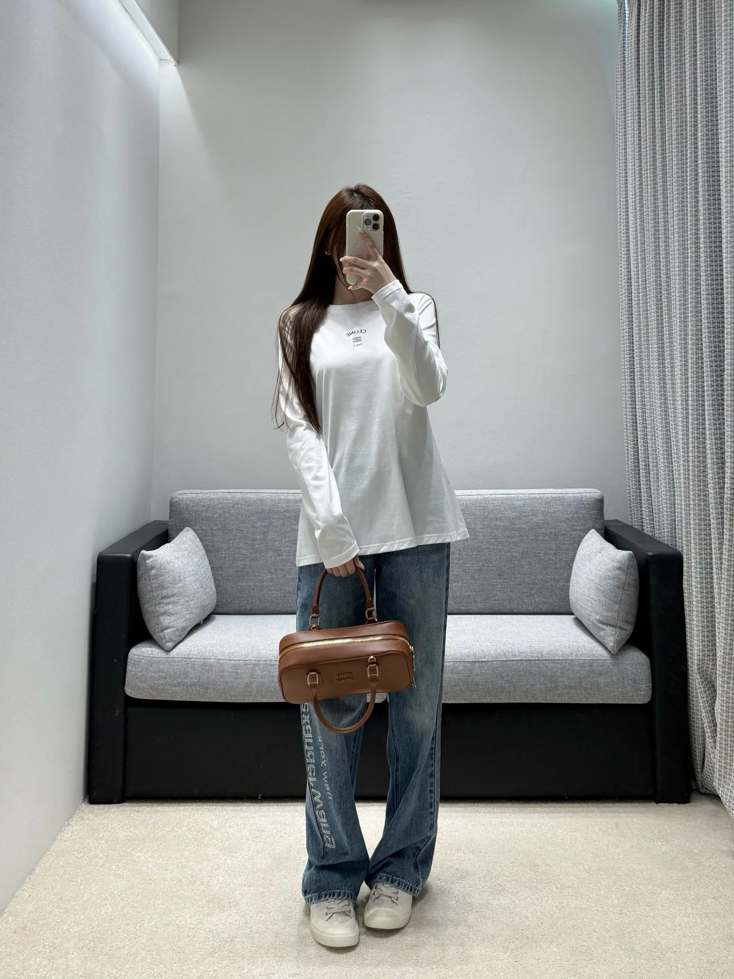 셀린느 블랙 화이트 크루넥 긴팔 티셔츠 상세 이미지 6