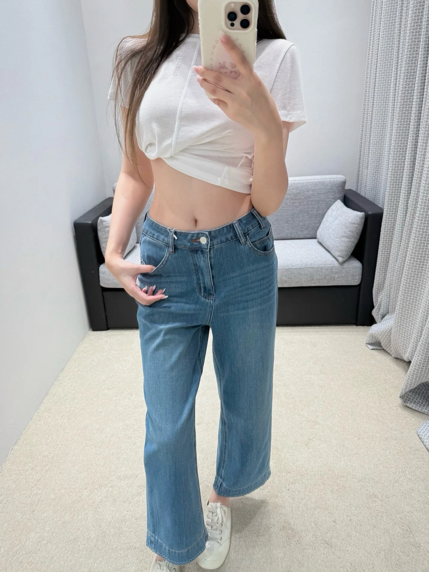 에르메스 하이웨이스트 크롭 플레어 데님 바지 상세 이미지 4