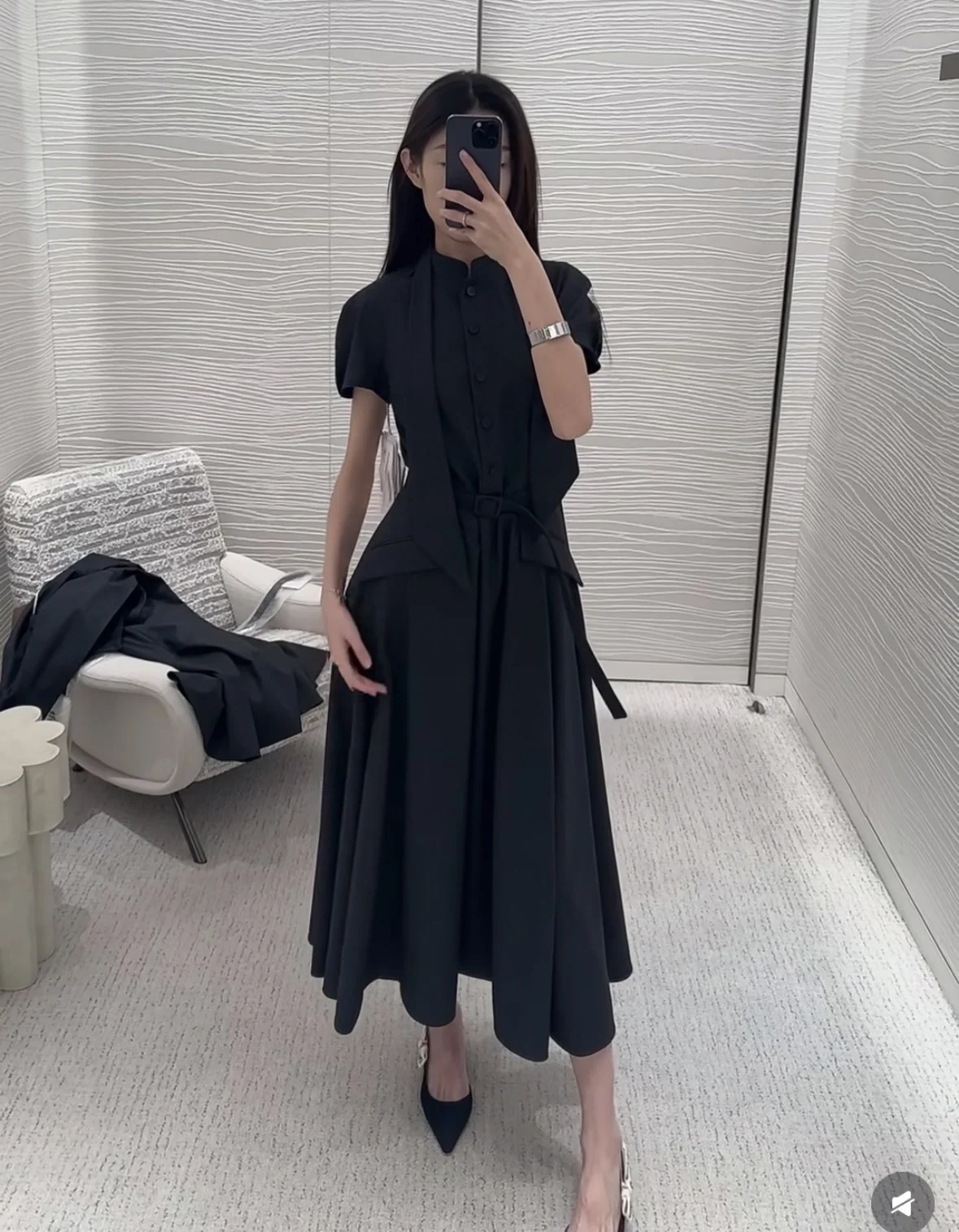 디올 다크 그레이 파인 체크 반소매 원피스 상세 이미지 8